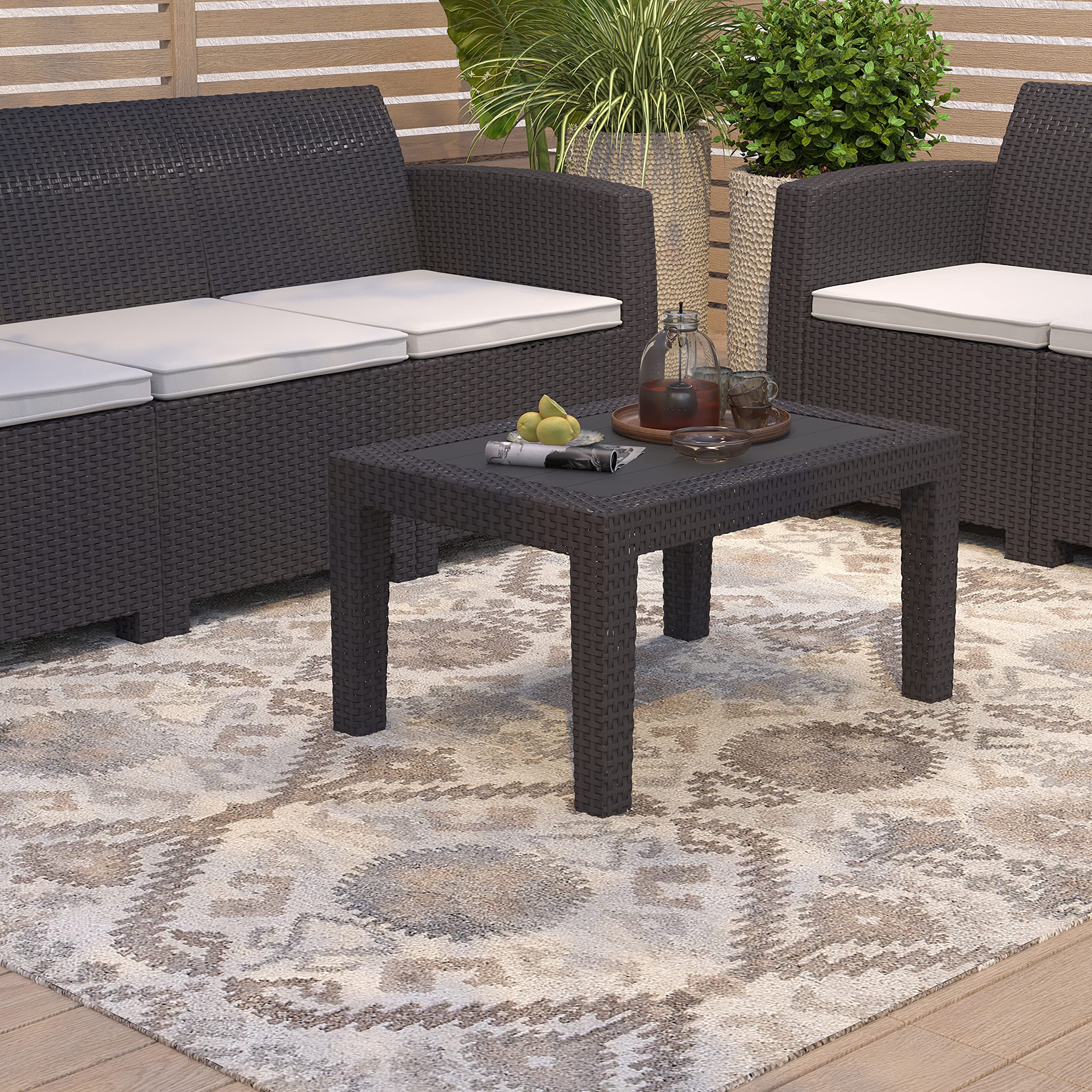 **Merrick Lane Malmok Outdoor Coffee Table - Dark Gray Faux Rattan Wicker with Wood Plank Top - All-Weather Patio Furniture for Garden, Poolside & Backyard Decor**