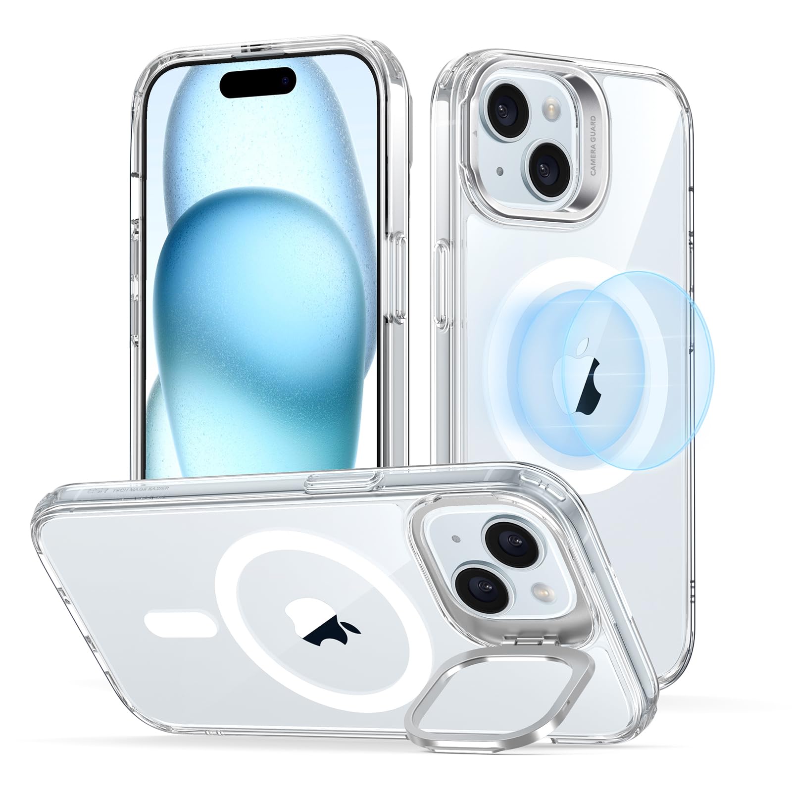 ESR for iPhone 15 Case with MagSafe - Military-Grade Protection, Built-in Stand & Scratch-Resistant Clear Back Cover | Perfect for Work, Travel & Everyday Use