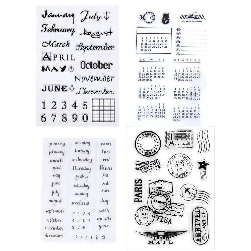 Premium Silicone Clear Stamps Set - Calendar, Month, Week, Date & Day Stamps for Card Making, Scrapbooking, Journaling & Planner Decor (4 Sheets) - Perfect for DIY Crafts, Bullet Journals & Postal Themed Projects