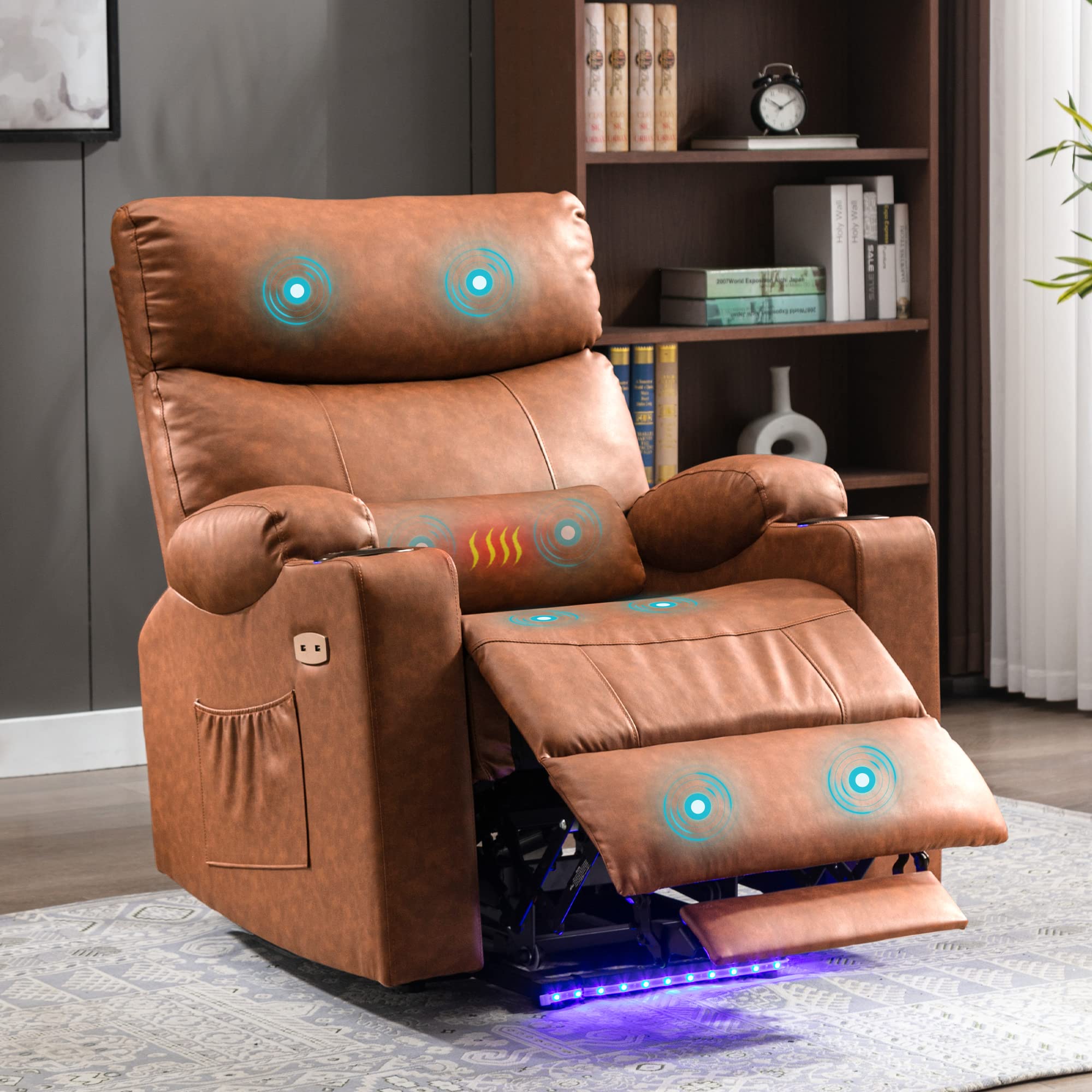 Electric Power Lift Recliner Chair with Heat & Massage - PU Leather Lift Chair for Elderly w/ USB Charging, Cup Holders & Lumbar Support - Comfortable Reclining Sofa for Living Room, Bedroom & Home Theater Relaxation