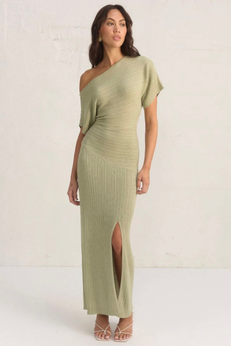 Celeste Sage Off Shoulder SS Knit Maxi Dress - Elegant Summer Beach Dress for Women, Boho Chic Party Dress, Perfect for Vacations, Weddings & Date Nights