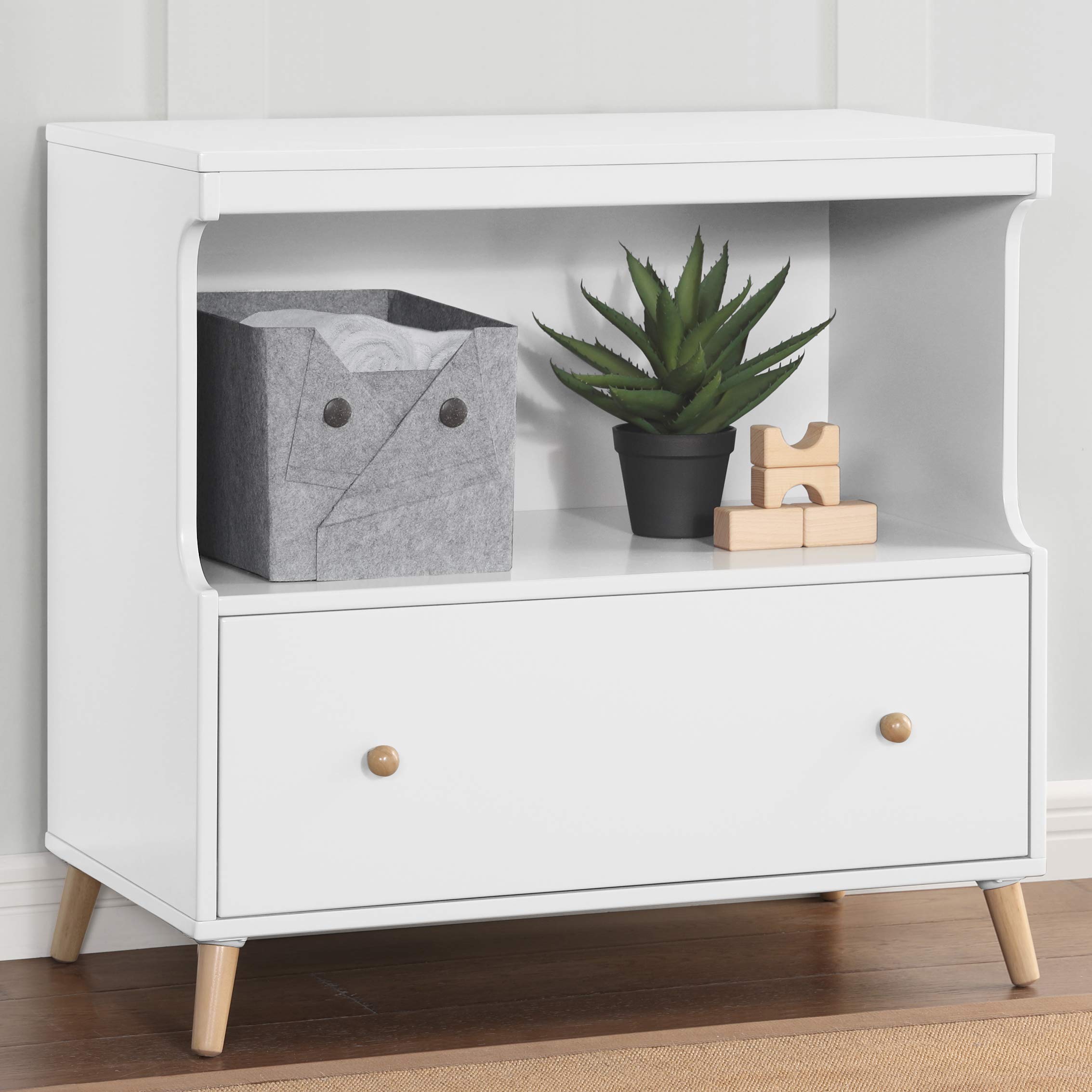 Delta Children Essex Convertible Changing Table with Drawer - White & Natural Wood Nursery Dresser for Baby Essentials | Perfect for Diaper Changes, Storage & Nursery Organization