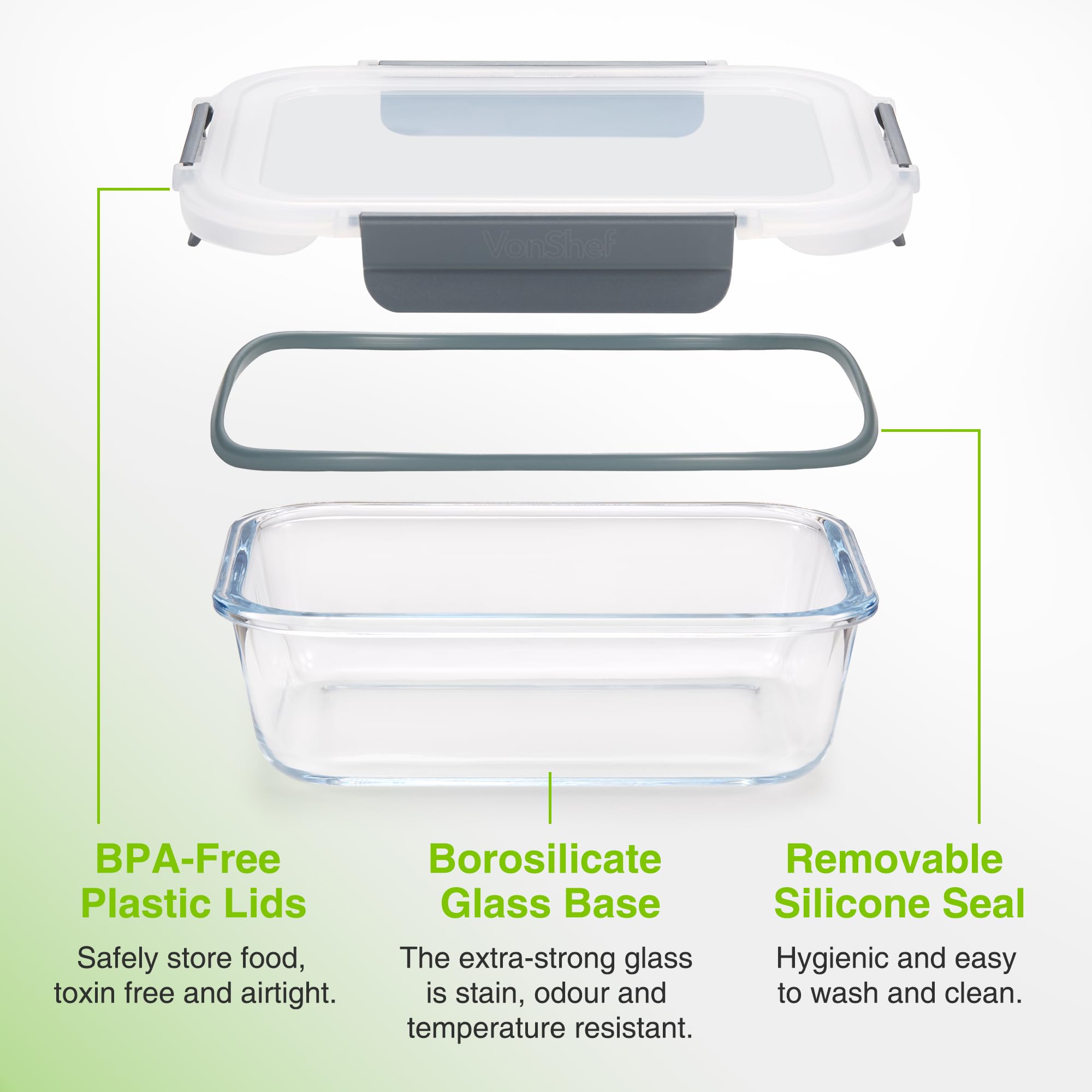 VonShef 5-Piece Glass Meal Prep Containers with Lids - 1L Airtight Food Storage Containers, Oven & Dishwasher Safe, Leakproof for Lunch Boxes & Batch Cooking - Perfect for Meal Prepping, Leftovers & Office Lunches