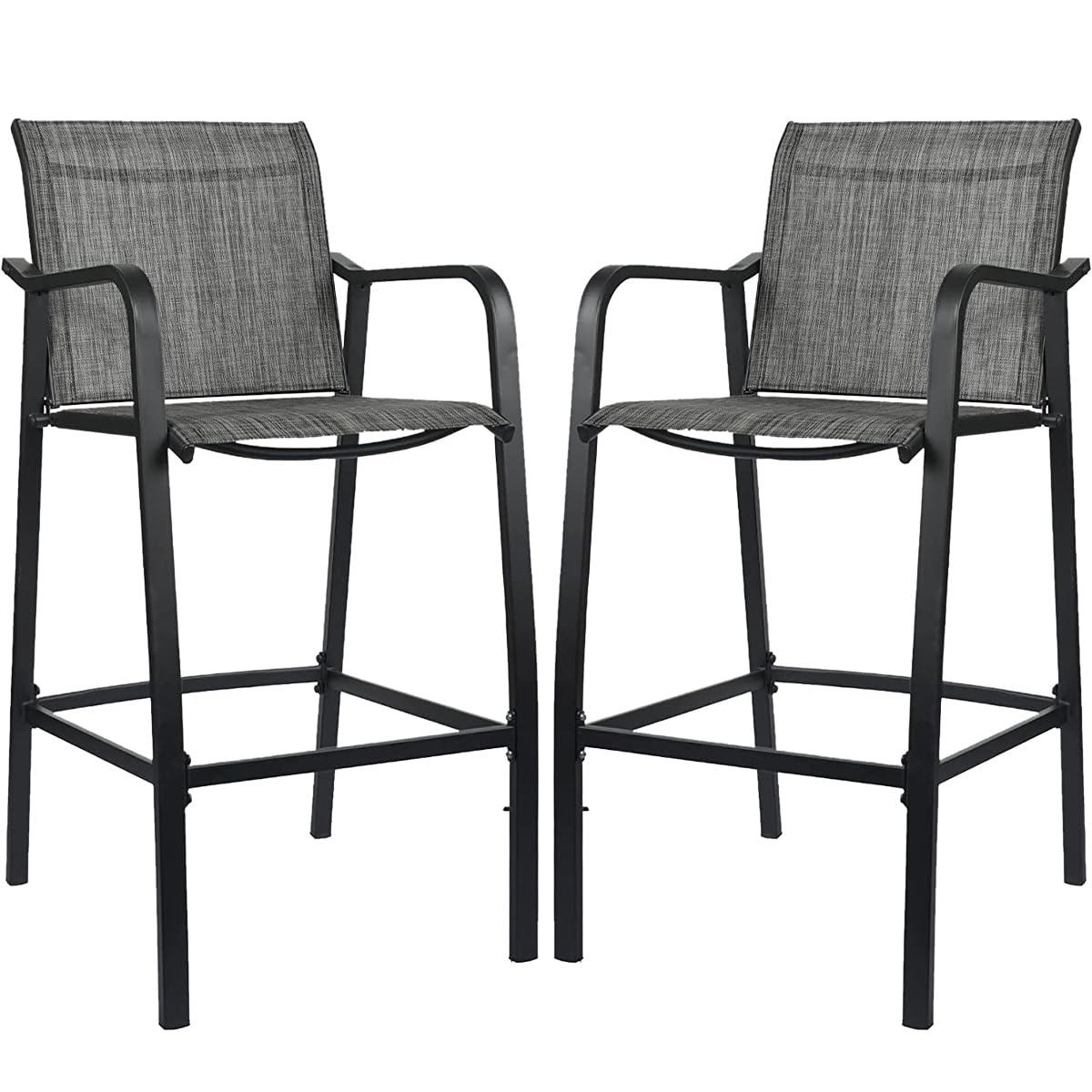 Sundale Outdoor Metal Bar Stools Set of 2, Modern Patio Counter Height Barstools with Back Armrest, Quick Dry Fabric Wrought Iron High Seating Chairs in Steel Gray, Perfect for Backyard, Deck, and Poolside Relaxation