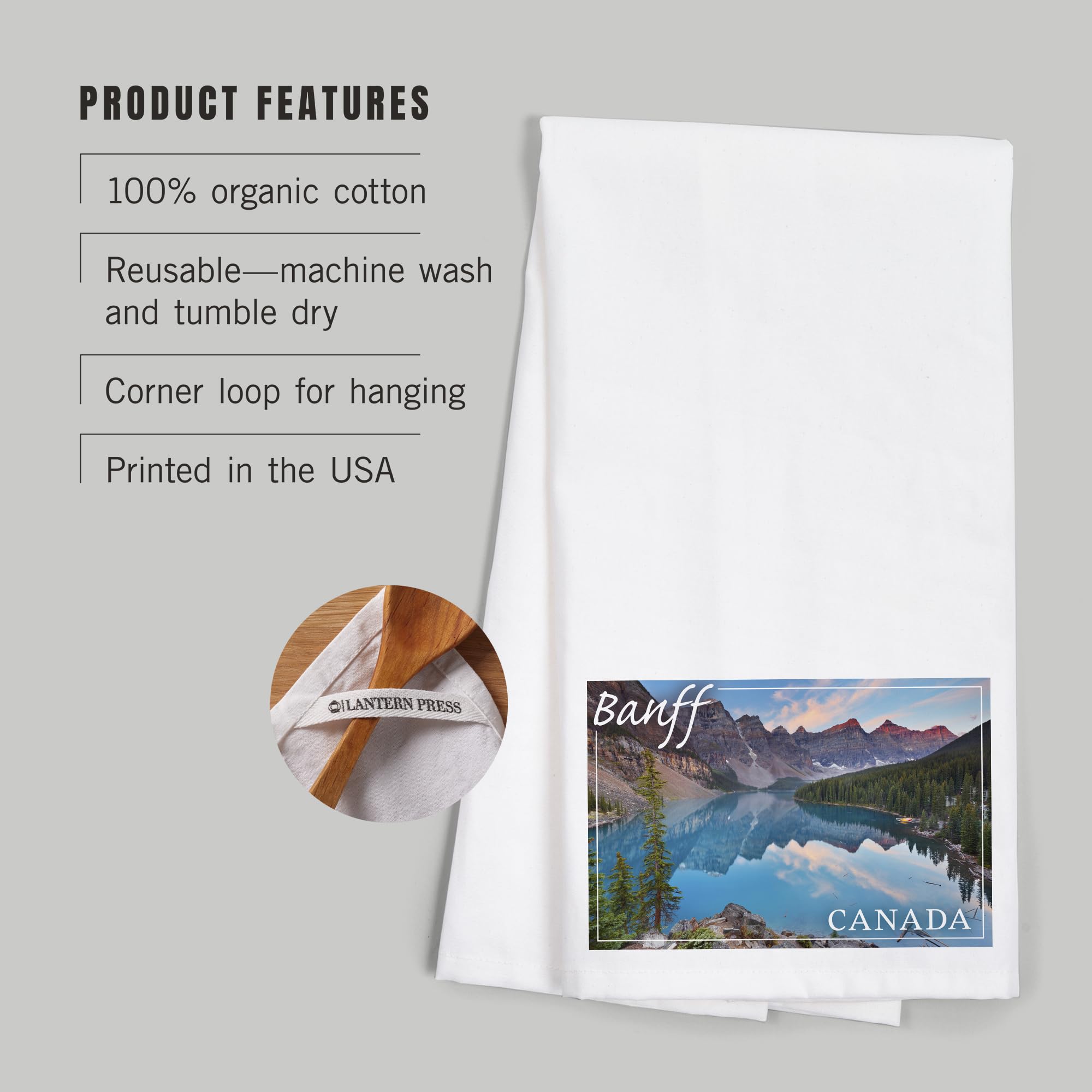 Lantern Press Banff Canada Moraine Lake 100% Cotton Tea Towel - Decorative Hand Towel for Kitchen & Home Decor - Perfect for Dish Drying, Gift Giving & Cabin Decor