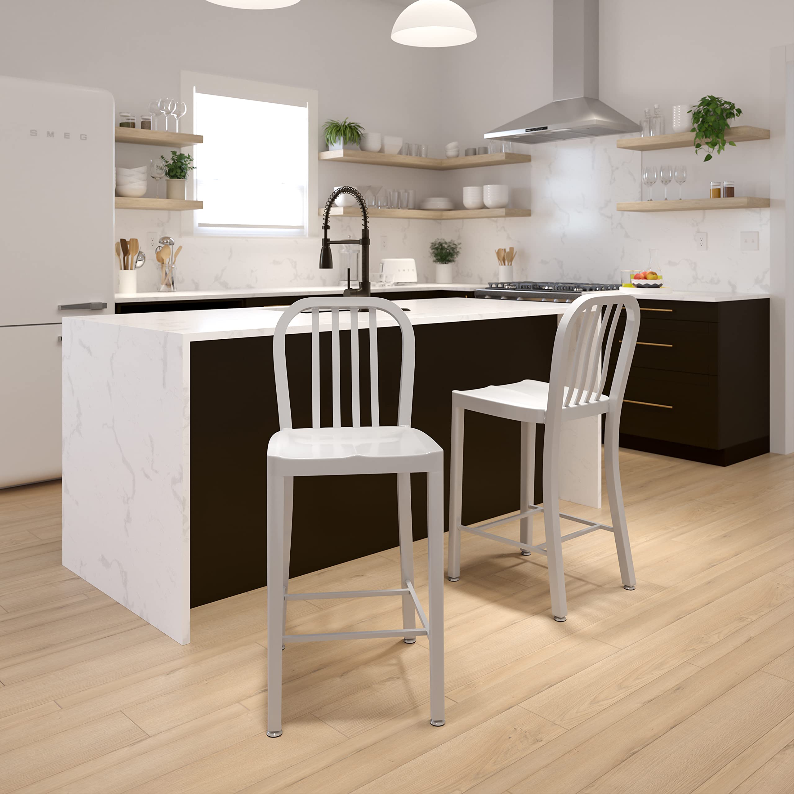 2 Pack 24 Inch Silver Metal Counter Height Bar Stools - Indoor Outdoor Use with Vertical Slat Back - Perfect for Kitchen Island, Breakfast Nook, and Patio Dining