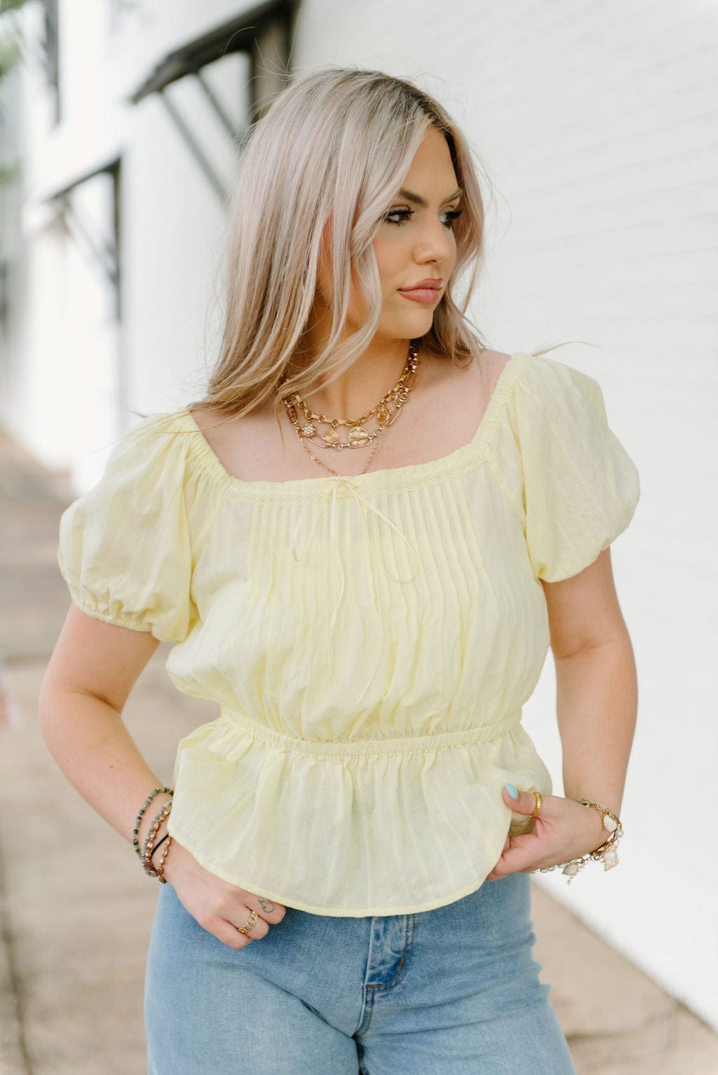 Stylish Lemon Yellow Peplum Puff Sleeve Blouse for Women | Flattering Fit & Trendy Design | Perfect for Office Wear, Date Nights & Summer Outfits
