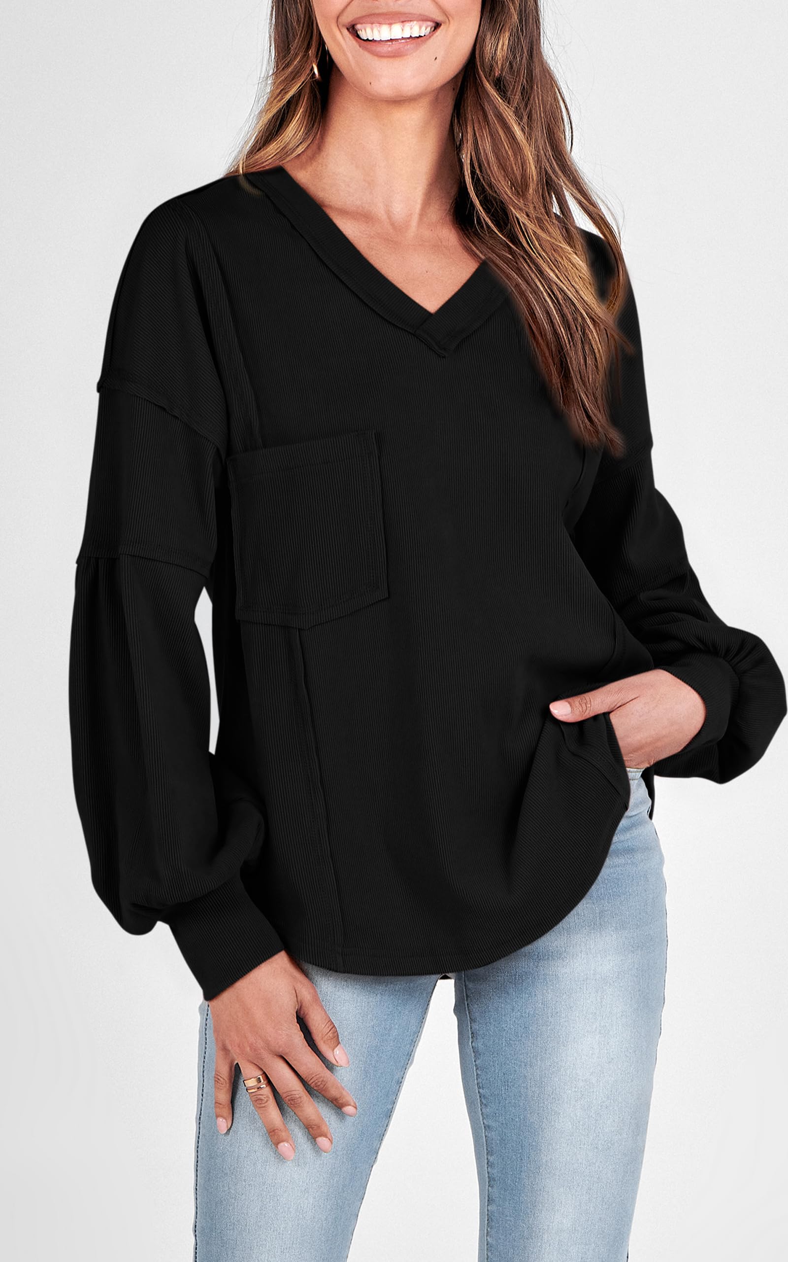 BTFBM Women's Ribbed Long Sleeve V-Neck Pullover Knit Top - Trendy Loose Fit Tunic Blouse for Spring & Summer 2025 - Perfect for Casual Outfits, Layering and Office Wear
