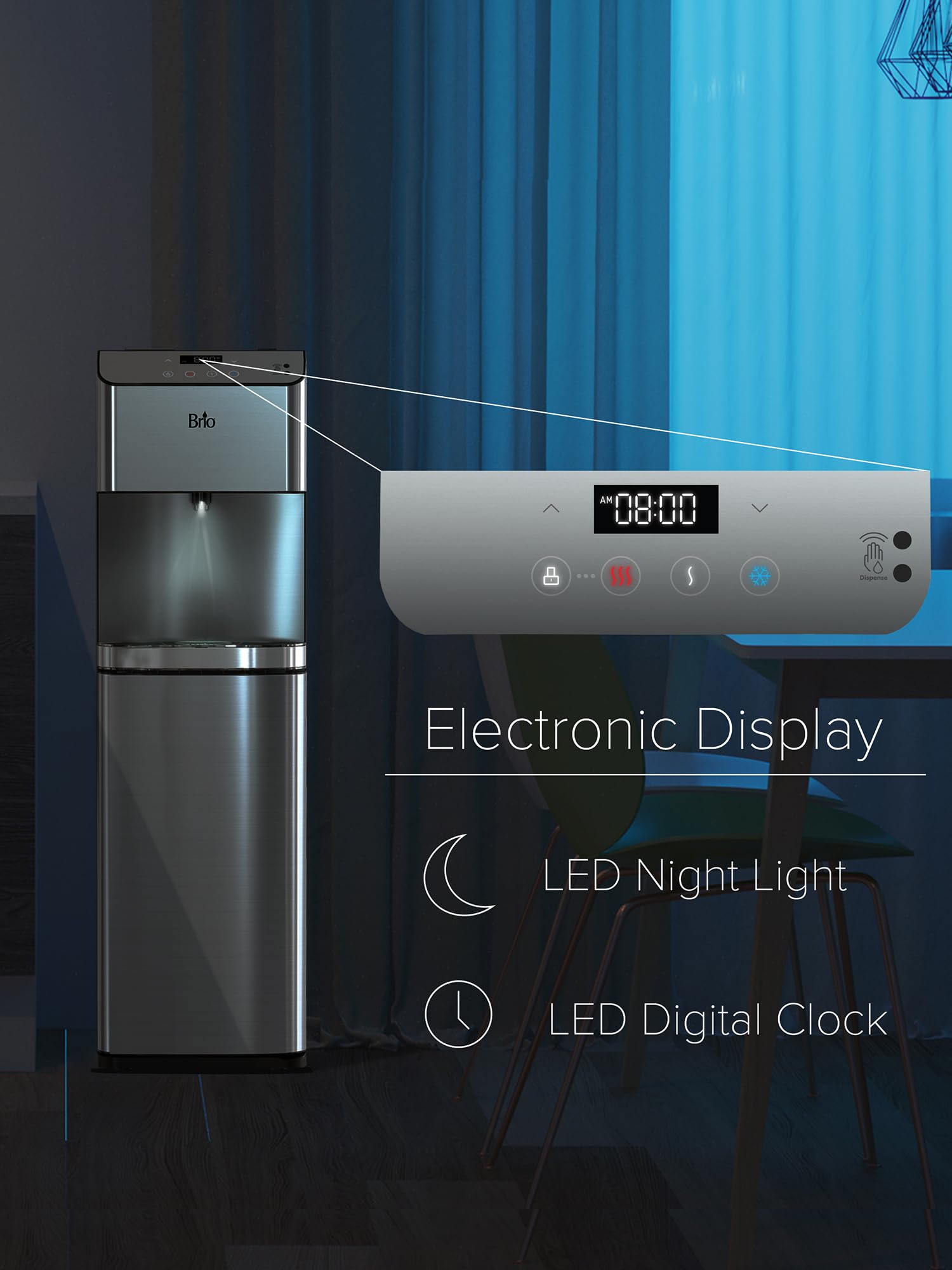 Brio Moderna Touchless Bottleless Water Cooler Dispenser with 3-Stage Filtration - Self-Cleaning, Motion Sensor, Tri-Temperature Dispensing & LED Night Light - UL Certified for Home, Office, and Kitchen Use