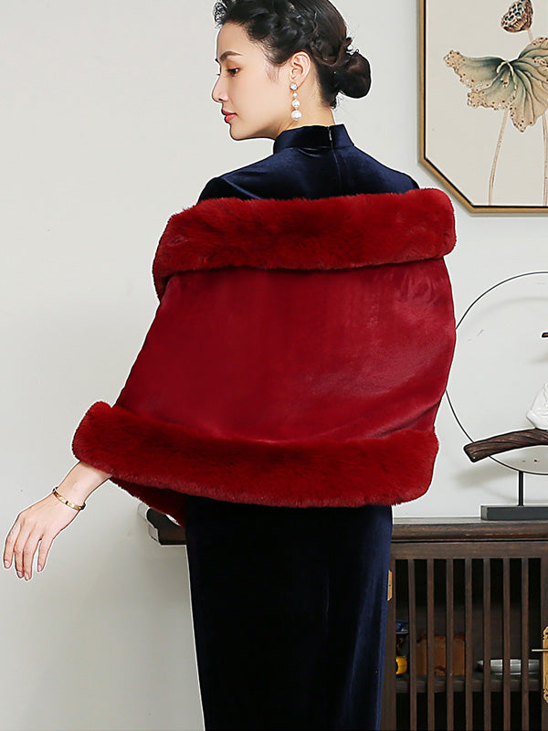 Elegant Wine Red Faux Fur Qipao Wrap Shawl Cape - Vintage Chinese Style Winter Shawl for Women, Perfect for Evening Parties, Weddings & Holiday Events