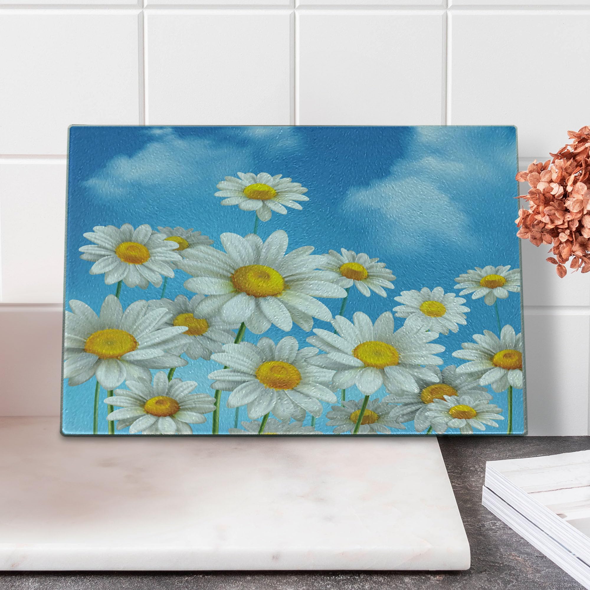 Lunarable Daisy Cutting Board - Blue Sunny Day Summer Sky Meadow Botanical Petals Design - Tempered Glass Decorative Serving & Cutting Board - Small Size Sky Blue Mustard - Perfect for Cheese Platters, Charcuterie & Kitchen Decor