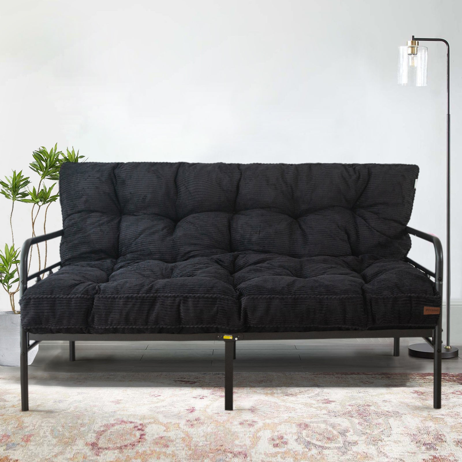 MAXYOYO 6-Inch Tufted Futon Sofa Couch Bed - Thick Corduroy Fabric Floor Futon Mattress for Adults (Mattress Only) in Black - Perfect for Small Spaces, Guest Rooms & Dorm Rooms