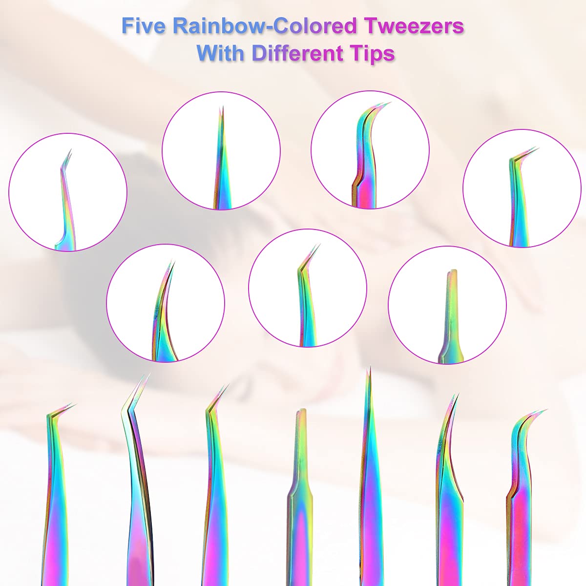 Fangze 7-Piece Eyelash Extension Tweezers Set - Professional Rainbow Stainless Steel Straight & Curved Tweezers for Lash Extensions, Nail Art, Ingrown Hair Removal & DIY Crafts - Perfect for Salon Professionals & Home Use