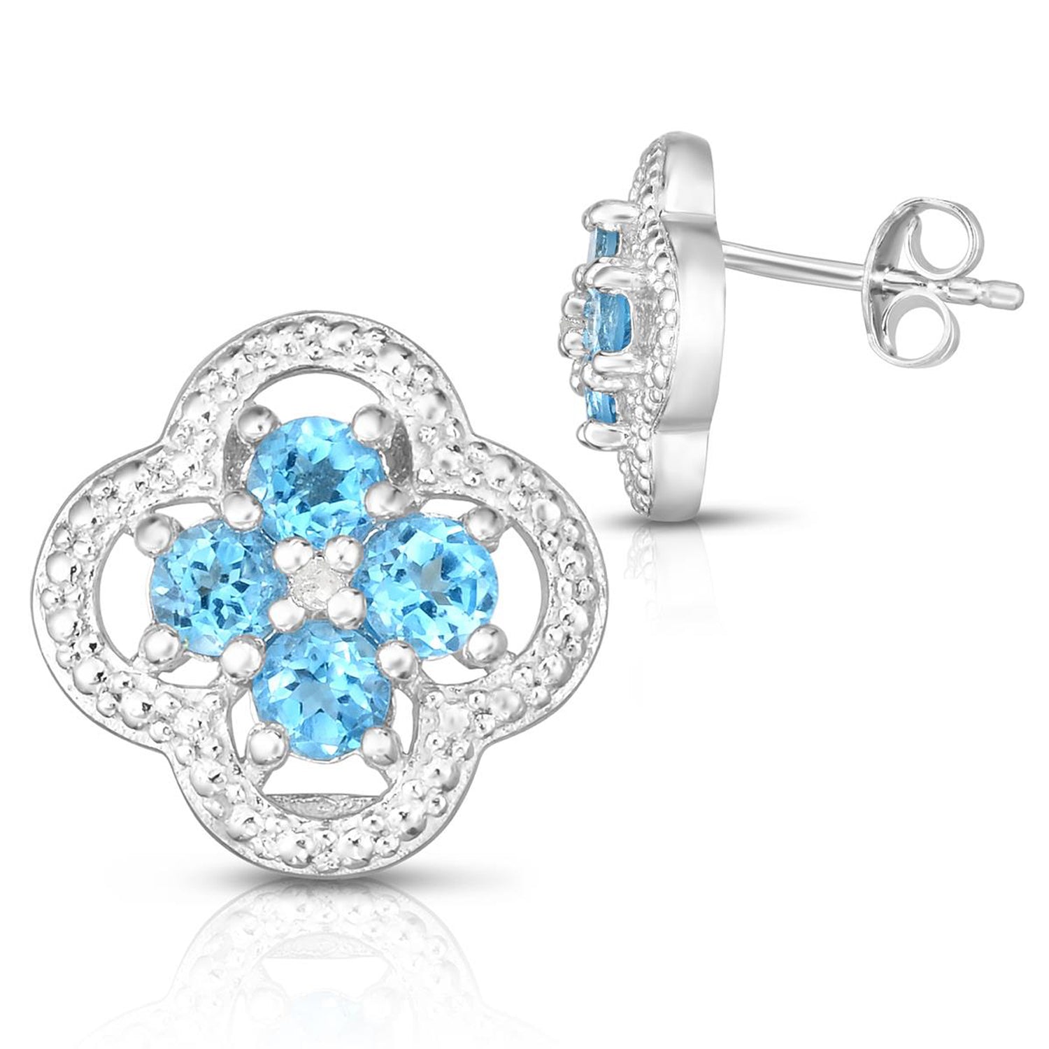 Exquisite Quatrefoil Blue Topaz & Diamond Stud Earrings for Women – Elegant Jewelry Gift for Weddings, Parties & Special Occasions