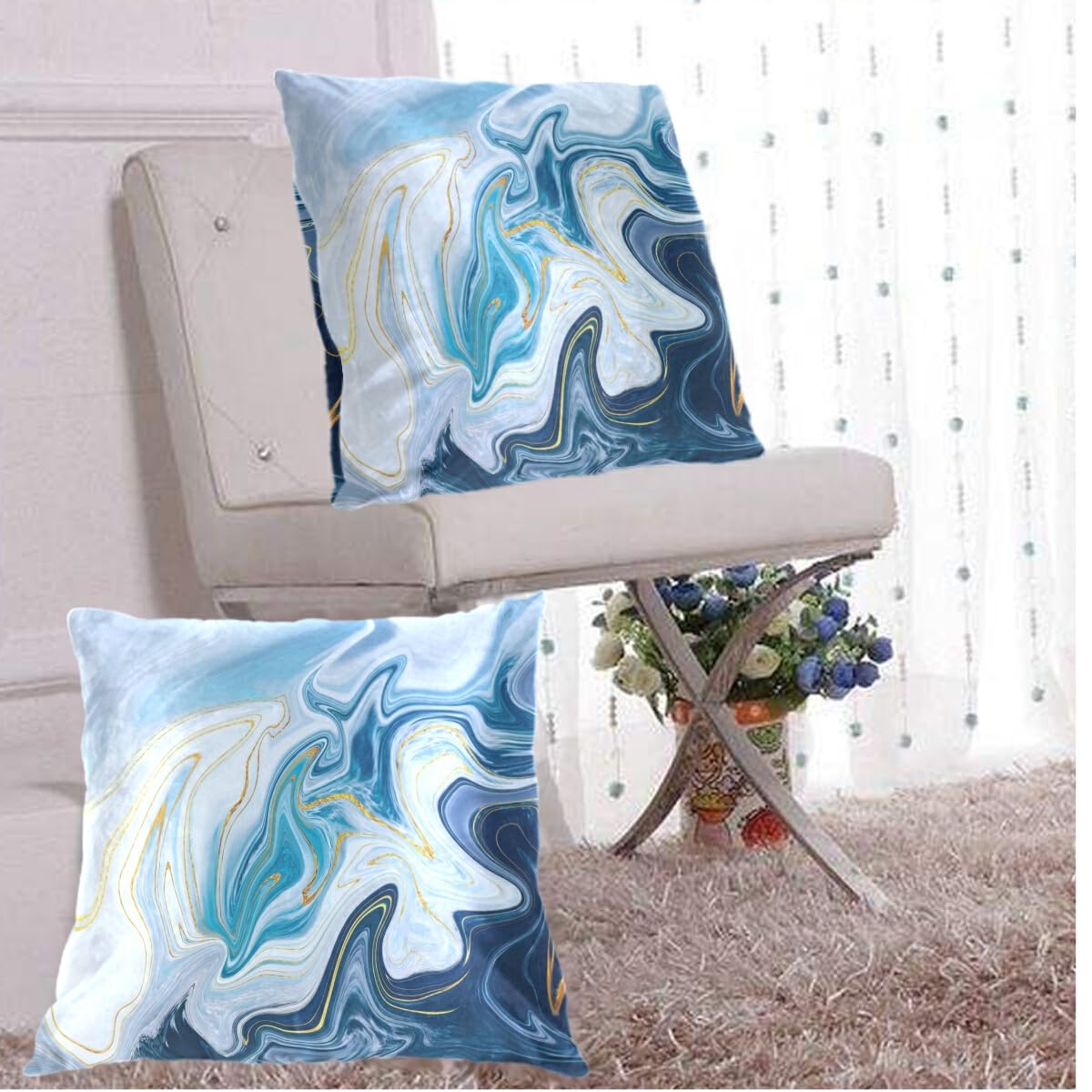 MNSRUU Blue Gray Marble Throw Pillow Covers 20x20 Inches - 2 Pack Zippered Decorative Cushion Cases for Sofa, Couch, Bed & Living Room - Elegant Home Decor for Modern & Cozy Spaces