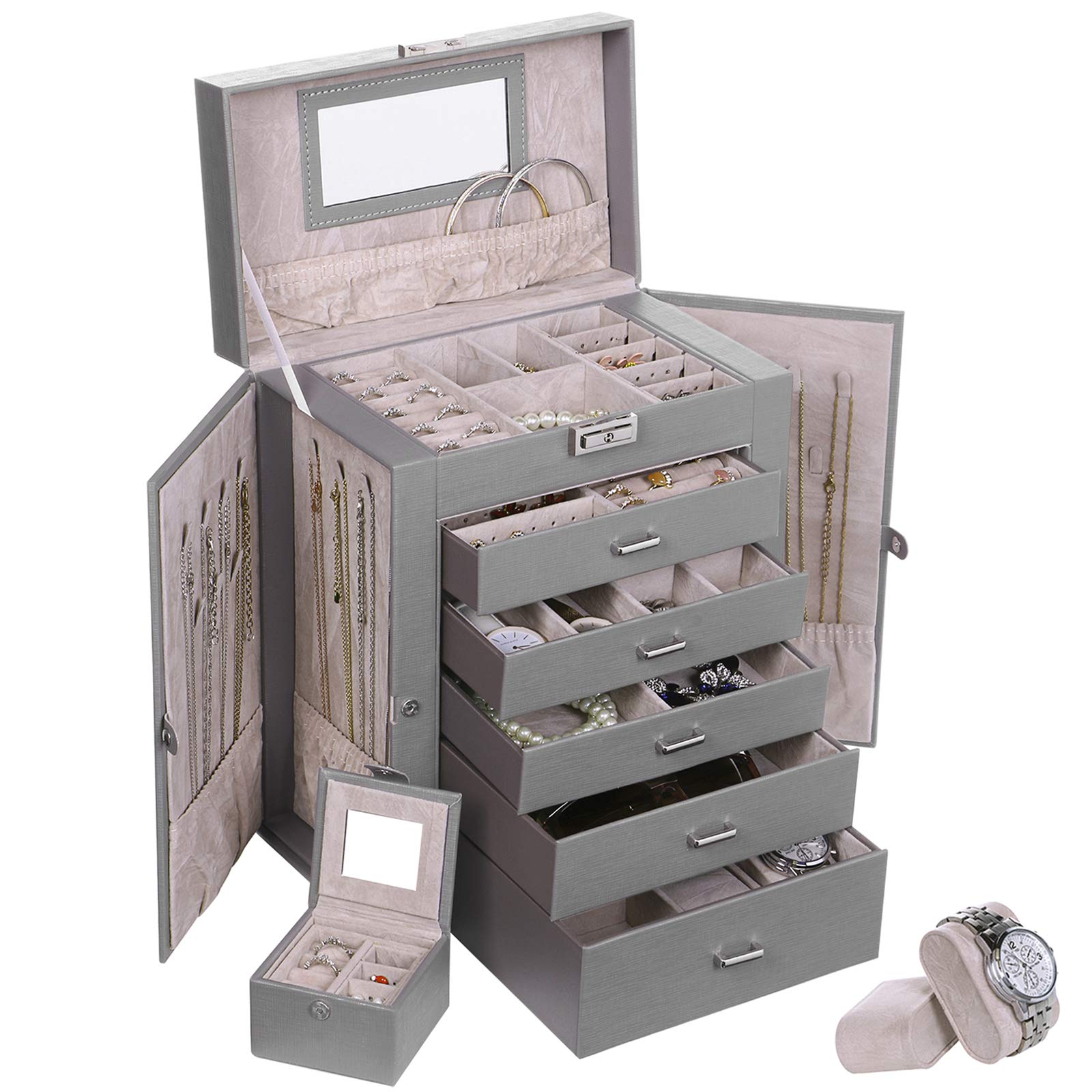 ANWBROAD 6-Tier Large Jewelry Organizer Box with Lock & Mirror - Faux Leather Jewelry Storage Case for Earrings, Rings, Necklaces, Bracelets - Perfect for Girls' Bedroom, Vanity & Travel Gift (JJB004)