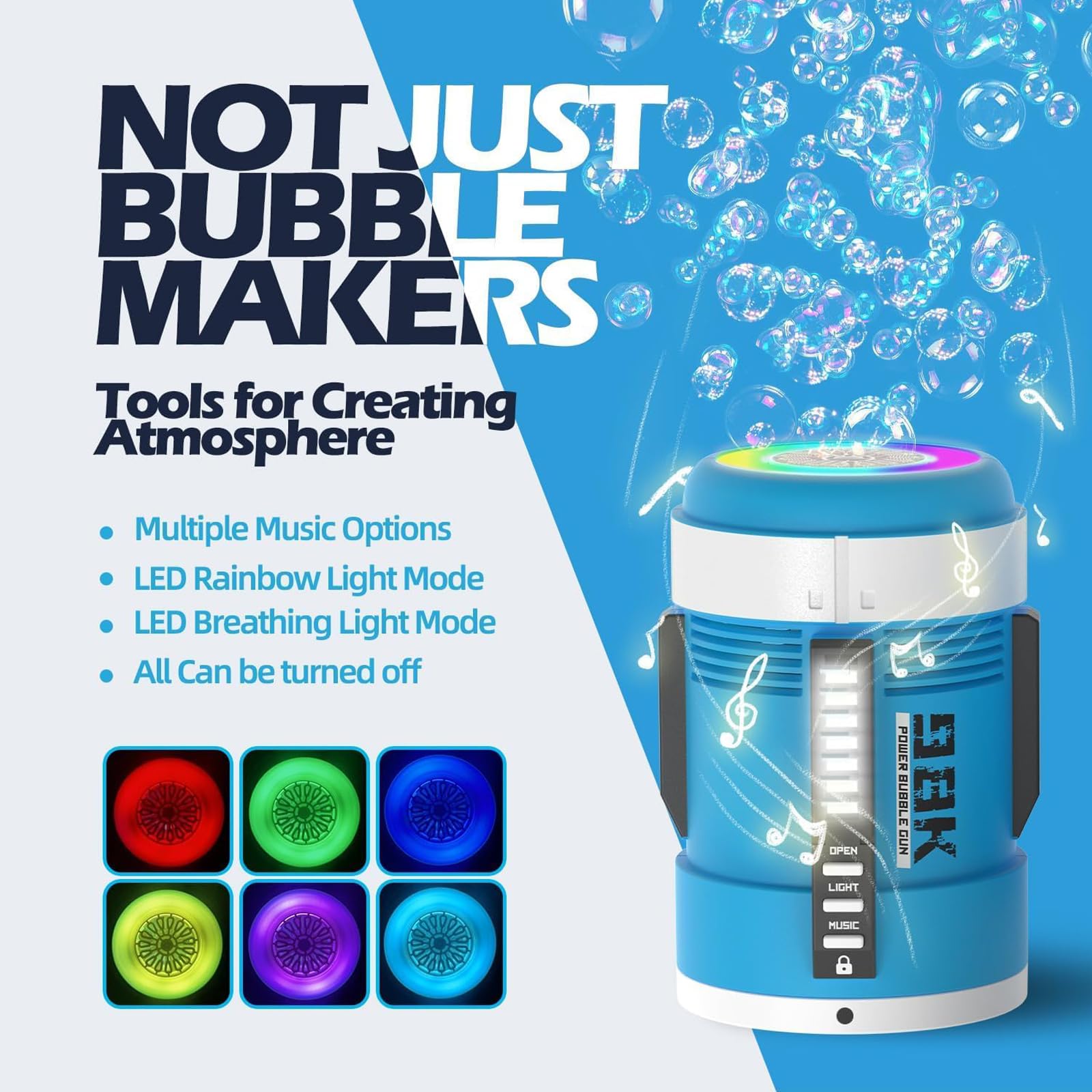 Rechargeable Bubble Gun & Bubble Machine with Rainbow LED Lights & Music - 10,000+ Bubbles/Min for Kids Outdoor Party Fun - Automatic Bubble Blower for Boys & Girls (Deep Space Blue) - Perfect for Birthday Parties, Backyard Play, and Summer Outdoor Activities