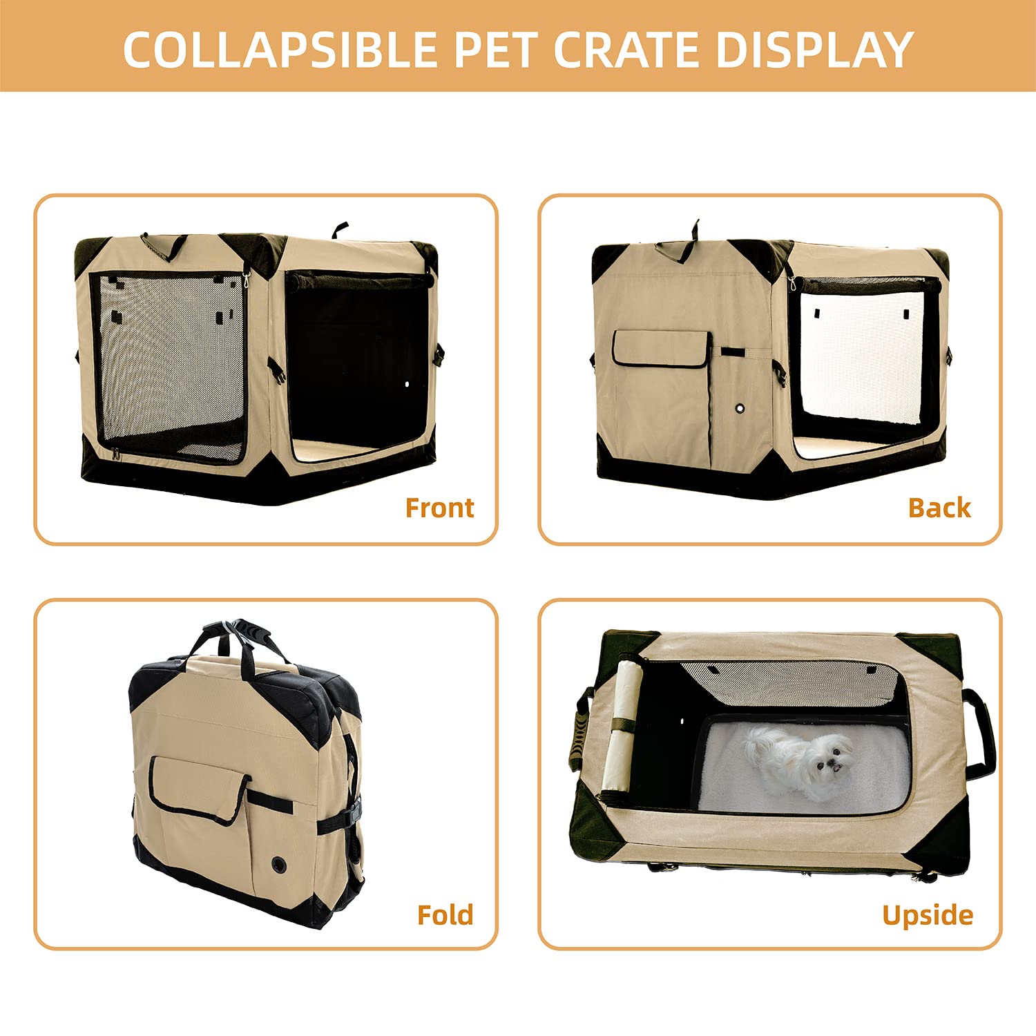 Pettycare 36 Inch Collapsible Dog Crate for Large Dogs - 4-Door Foldable Soft Kennel with Chew Proof Mesh Windows | Indoor & Outdoor Travel Crate for Home, Car, Camping & Vet Visits | Beige Soft-Sided Dog Crate