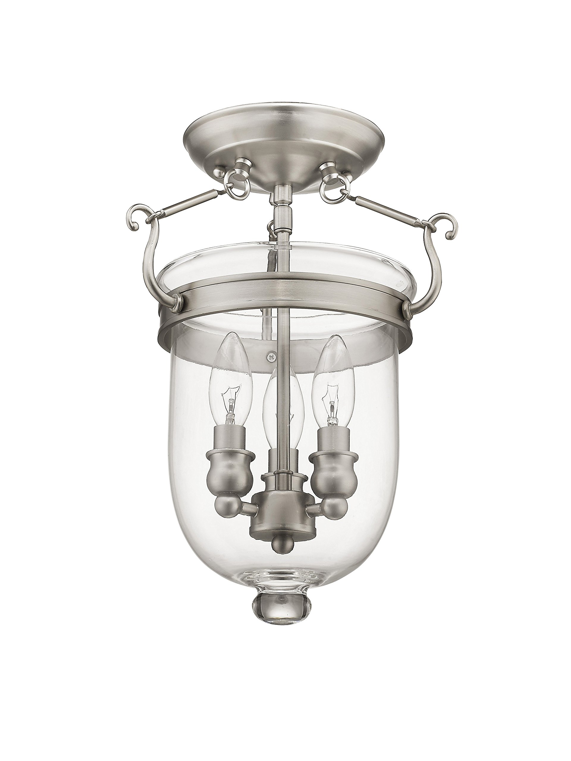 Livex Lighting Jefferson 3-Light Brushed Nickel Semi-Flush Mount Bell Jar Ceiling Fixture with Clear Glass Shades - Perfect for Dining Room, Bedroom, or Entryway Lighting