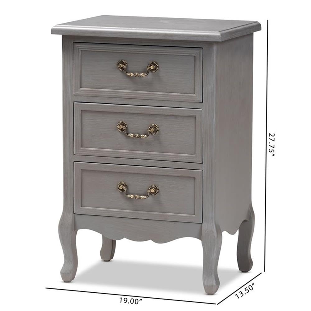 BOWERY HILL French Grey Wood 3-Drawer Nightstand - Modern Bedside Table for Bedroom, Living Room & Guest Room Storage