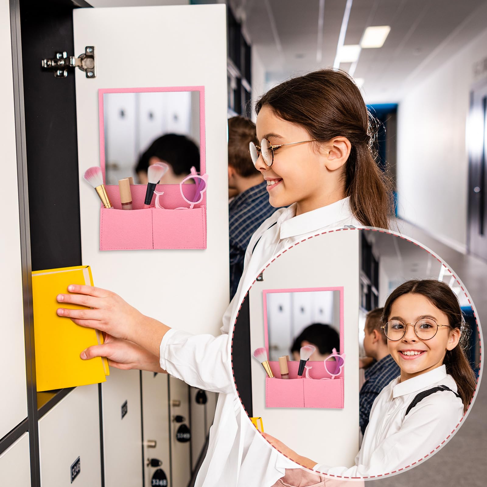 7 x 6.7 Inch Magnetic Locker Mirror with Holder Bag - Pink Small Magnetic Mirror for Lockers, Office, Cabinet, Bathroom & Refrigerator Organization - Perfect for Makeup, Grooming & Home Decor