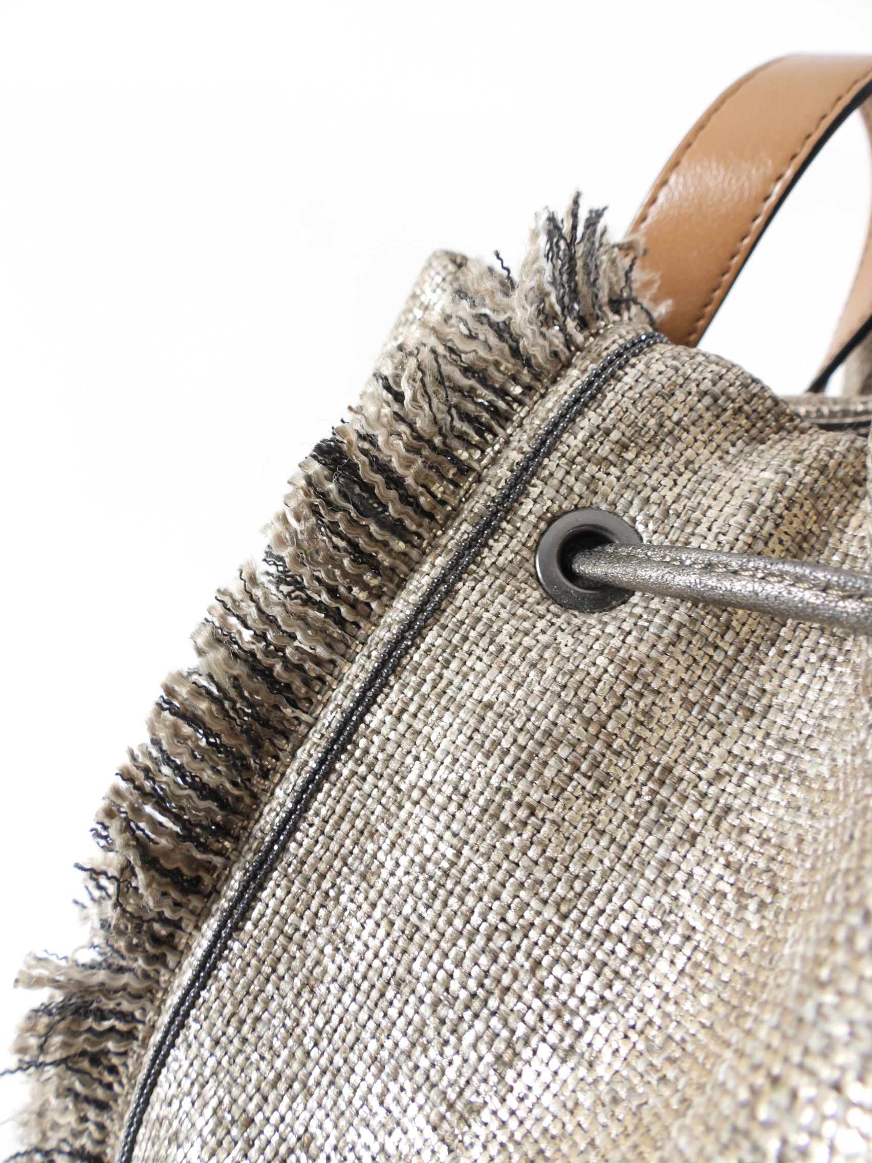 Brunello Cucinelli Gold Metallic Canvas Fringe Backpack for Women - Luxury Designer Handbag for Travel, Work & Everyday Use