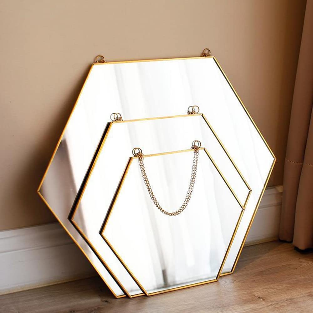 Hexagon Gold Bathroom Mirror - Handmade Vintage Wall Mirror with Thin Metal Frame & Hanging Chain - 26x30cm - Perfect for Bathroom Decor, Bedroom Accent Wall, and Boho Home Decor