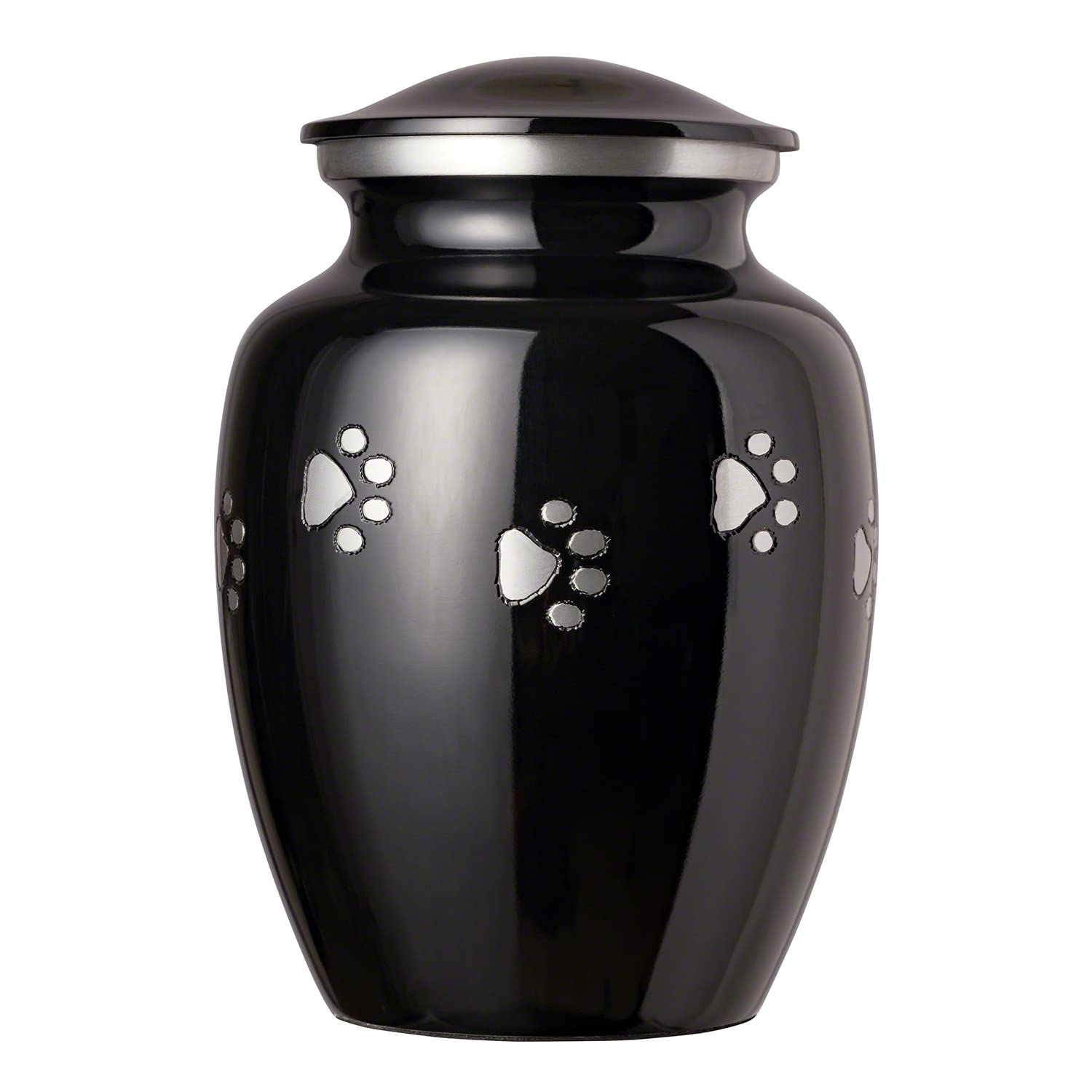 Ottillie Paws Tribute Series Small Pet Urn for Dogs and Cats - Ebony Finish, Horizontal Pewter Paws, Walnut Base, Silver/Black Plate - Perfect for Memorial Keepsakes and Home Display