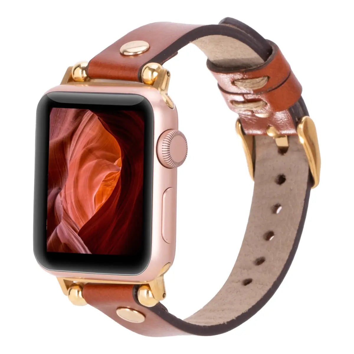 Burnished Brown Leather Ultra Slim Apple Watch Band with Gold Rivet - Stylish & Durable Replacement Strap for Work, Gym & Everyday Wear