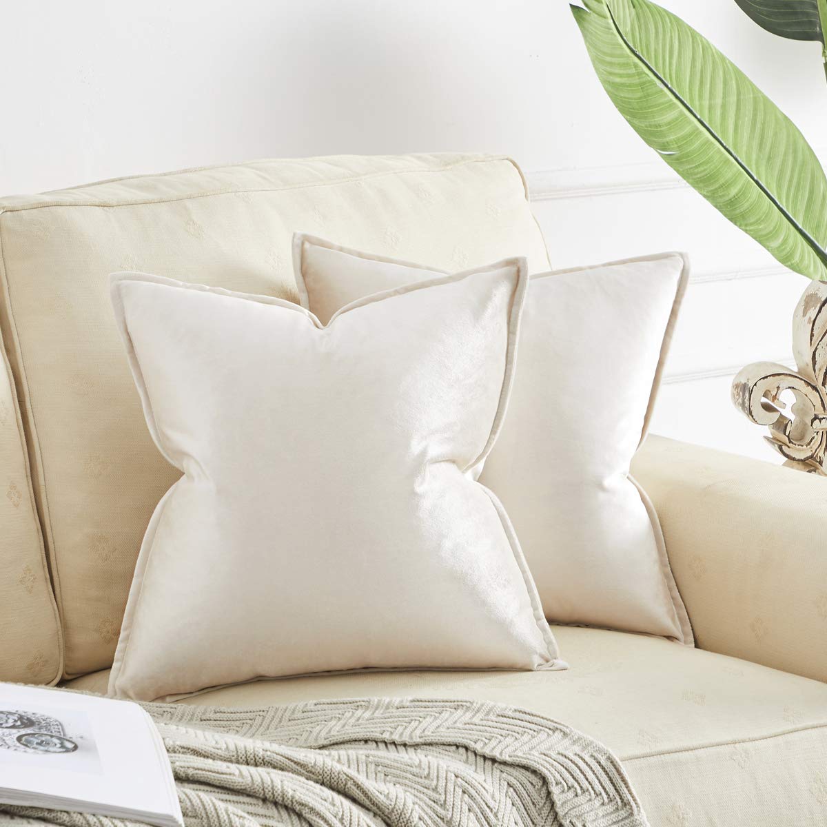GIGIZAZA Velvet Decorative Throw Pillow Covers 16x16 Inches - Peacock White Ivory Square Couch Sofa Pillow Covers Set of 2 - Perfect for Living Room, Bedroom & Home Decor