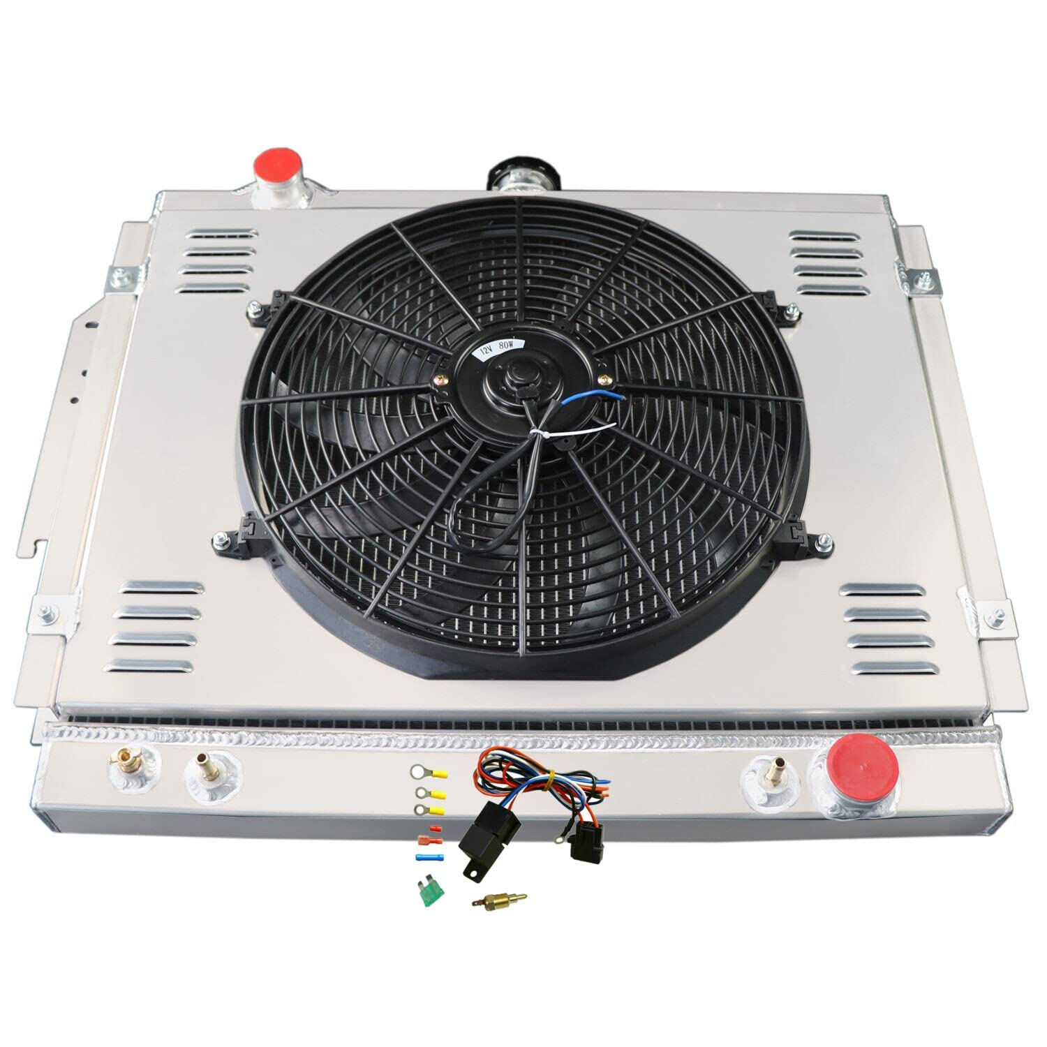 1979-1993 Dodge D150 D250 D350 W150 W250 Ramcharger 3 Row All Aluminum Radiator with Shroud Fan & Thermostat Relay Kit - Heavy Duty Cooling System for Off-Road, Towing & High-Performance Driving