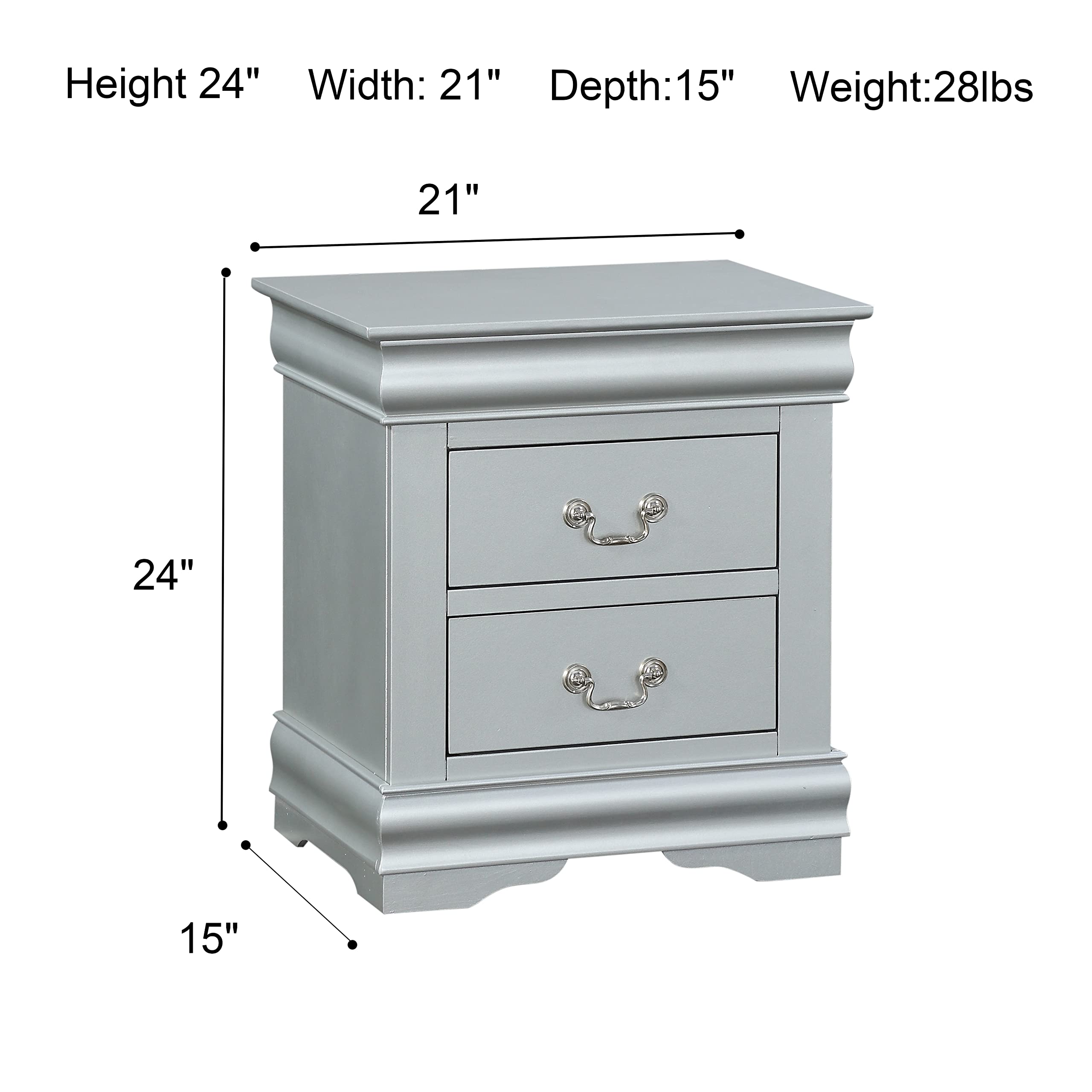 Henf Farmhouse 2-Drawer Nightstand - Solid Wood French Country Bedside Table with Storage, Fully Assembled Accent Cabinet for Bedroom, Living Room & Hallway | Perfect for Storing Books, Lamps & Bedroom Essentials (Silver)