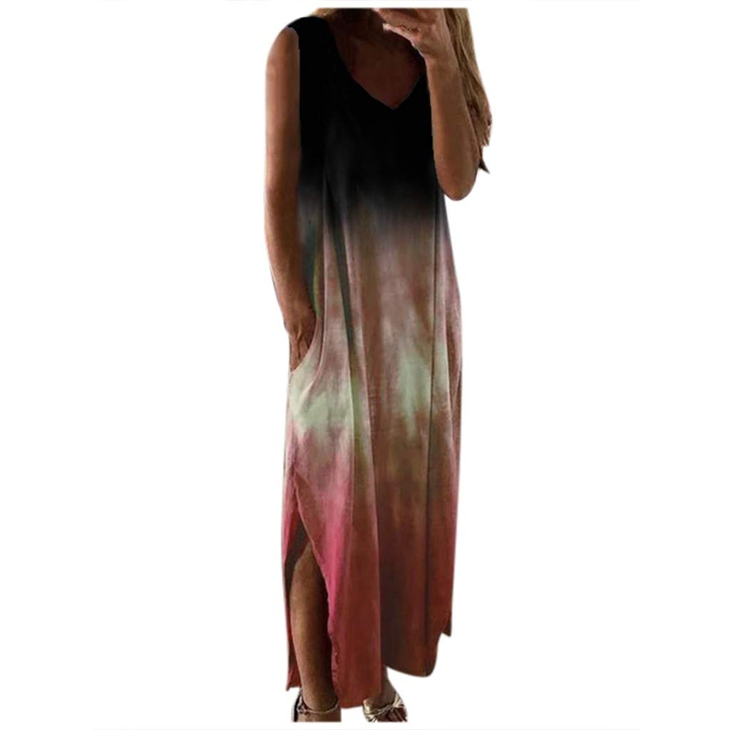 Women's Cotton Midi Dress - Sleeveless V-Neck Pocket Casual Dress with Floral Print & Tie-Dye Design | Perfect for Summer Outings, Beach Vacations & Casual Wear