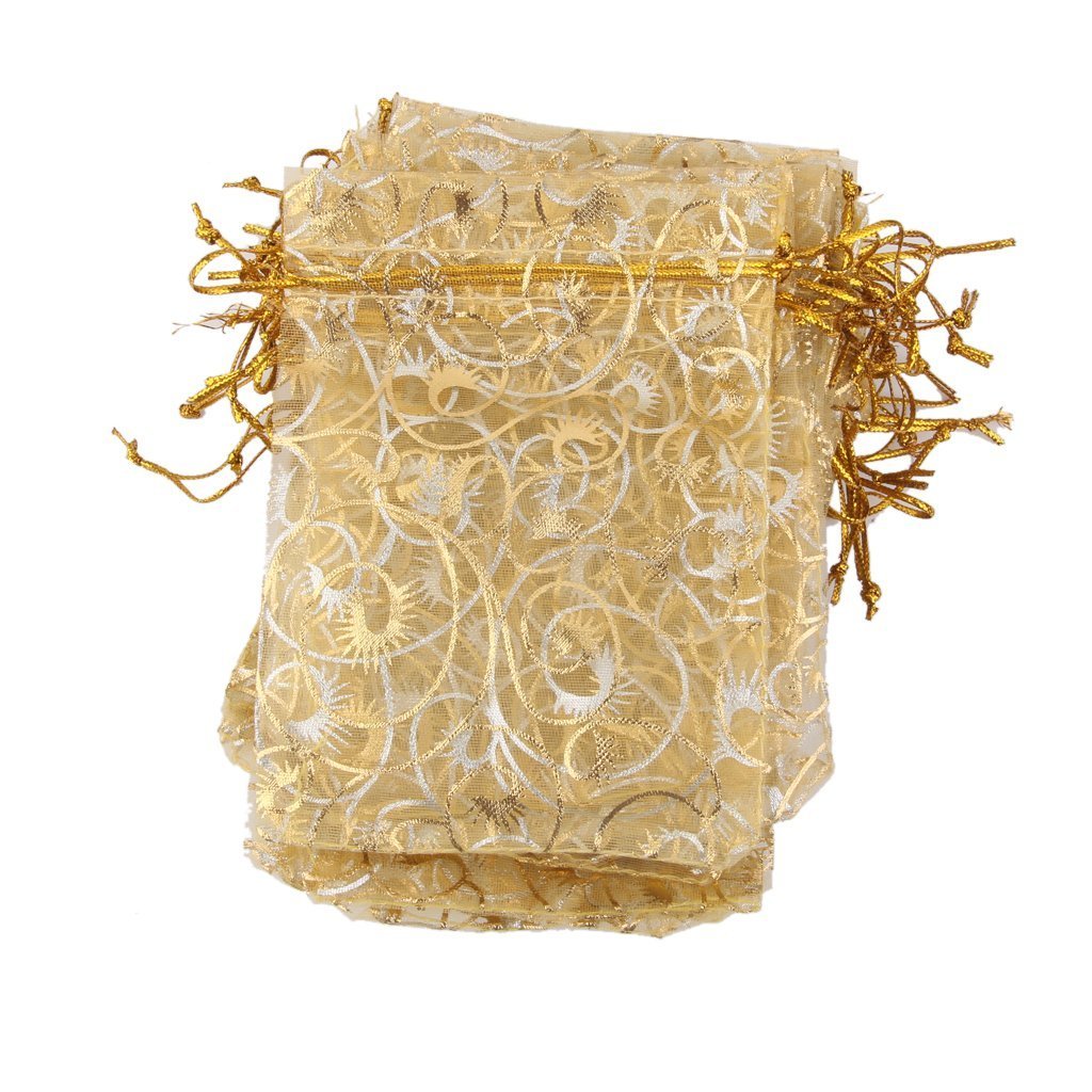 Premium Printed Golden Organza Gift Bags 6x8 Inches (50 Pack) - Elegant Drawstring Pouches for Wedding Favors, Jewelry Packaging & Party Return Gifts | Perfect for Bridal Showers, Baby Showers & Special Occasions