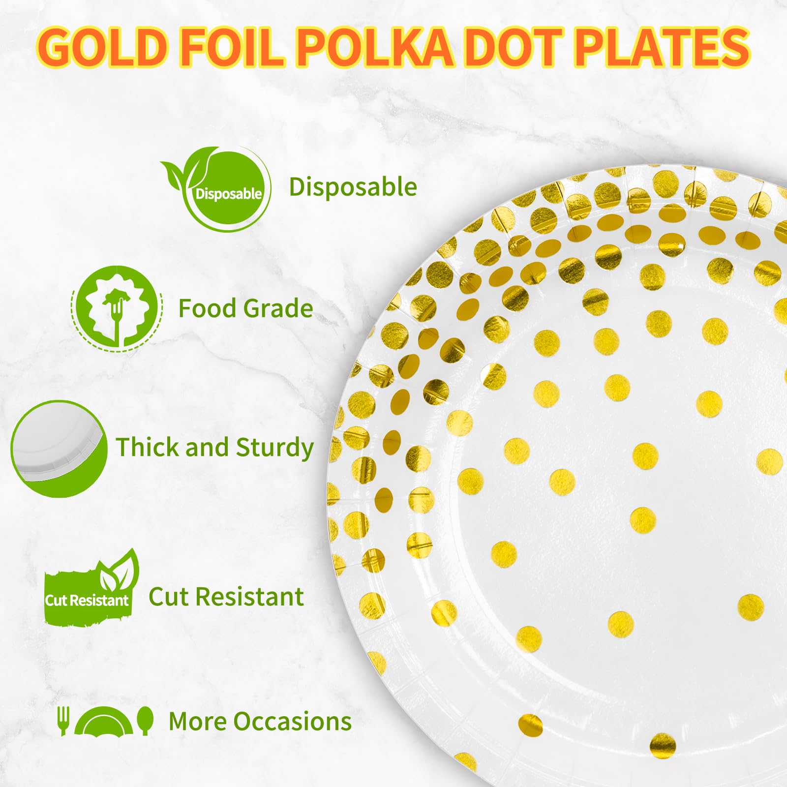 DYLIVeS 9 Inch White and Gold Metallic Foil Polka Dot Disposable Paper Plates - Elegant Dessert & Cocktail Party Supplies for Birthday, Bridal Shower, Easter, Graduation Decorations - 50 Pack - Perfect for Elegant Events, Holiday Gatherings & Special Occasions