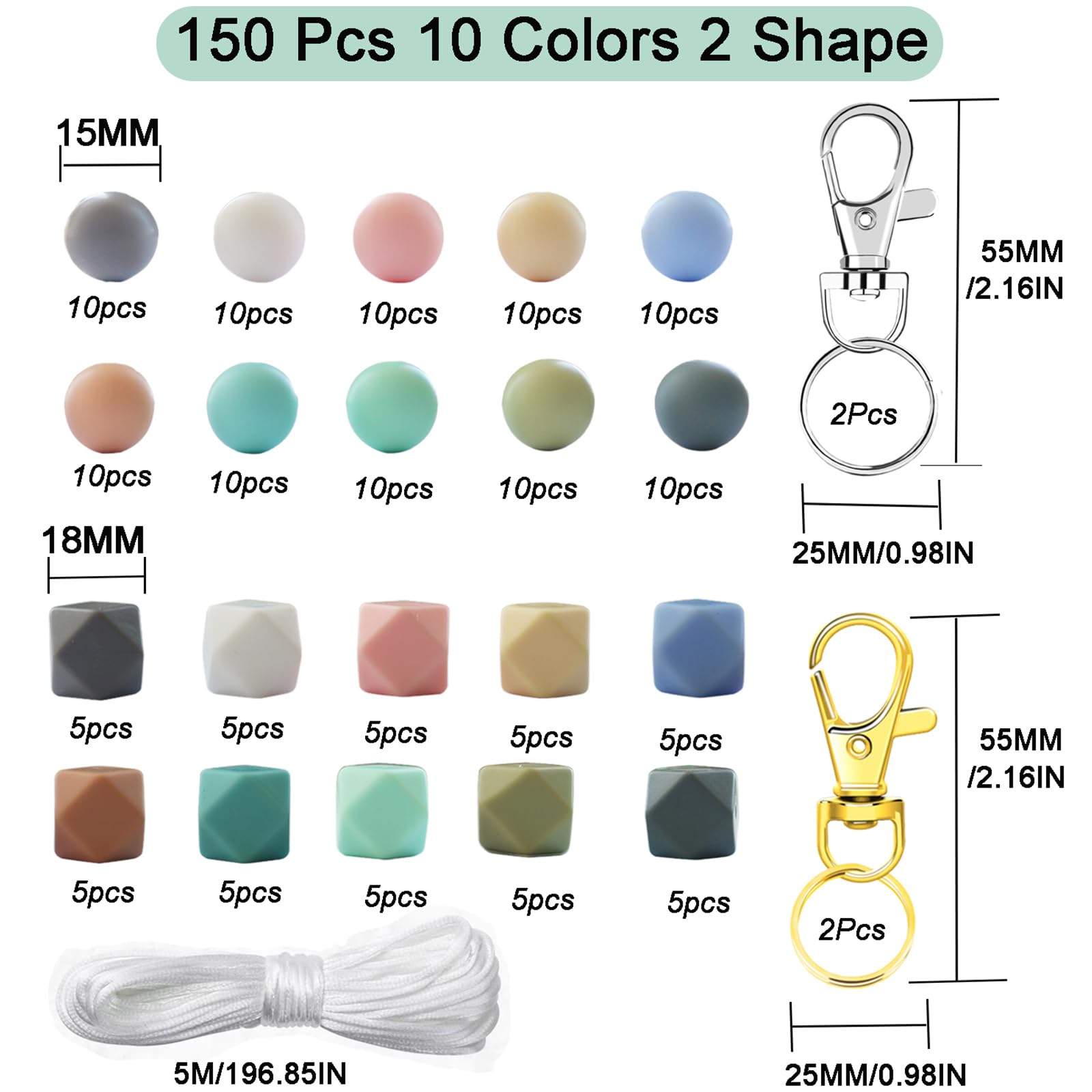150pcs 15mm Hexagon Silicone Beads Bulk for DIY Keychain, Jewelry & Pen Making - Includes 5M Lanyard & Keychain (Macaron Color) - Perfect for Crafting, Gifts & Accessories