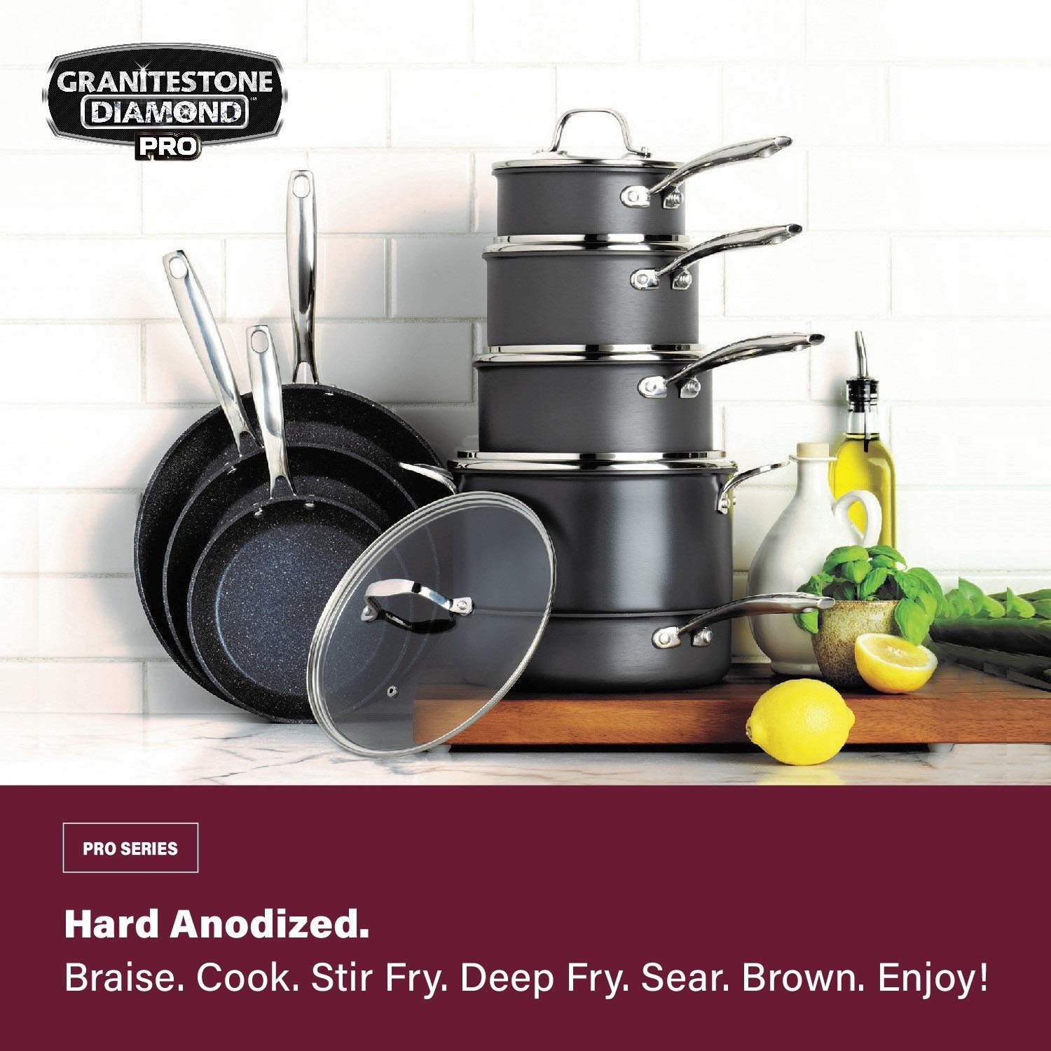 Granitestone Pro 20-Piece Nonstick Cookware and Bakeware Set - Hard Anodized Diamond Coating, Stainless Steel Cool-Touch Handles, Oven & Dishwasher Safe - Perfect for Home Cooking, Baking, and Family Meals