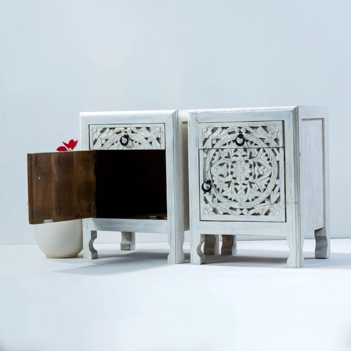 Hand Carved White Nightstand - Unique Wooden Bedside Table for Bedroom | Perfect for Modern, Farmhouse & Rustic Home Decor