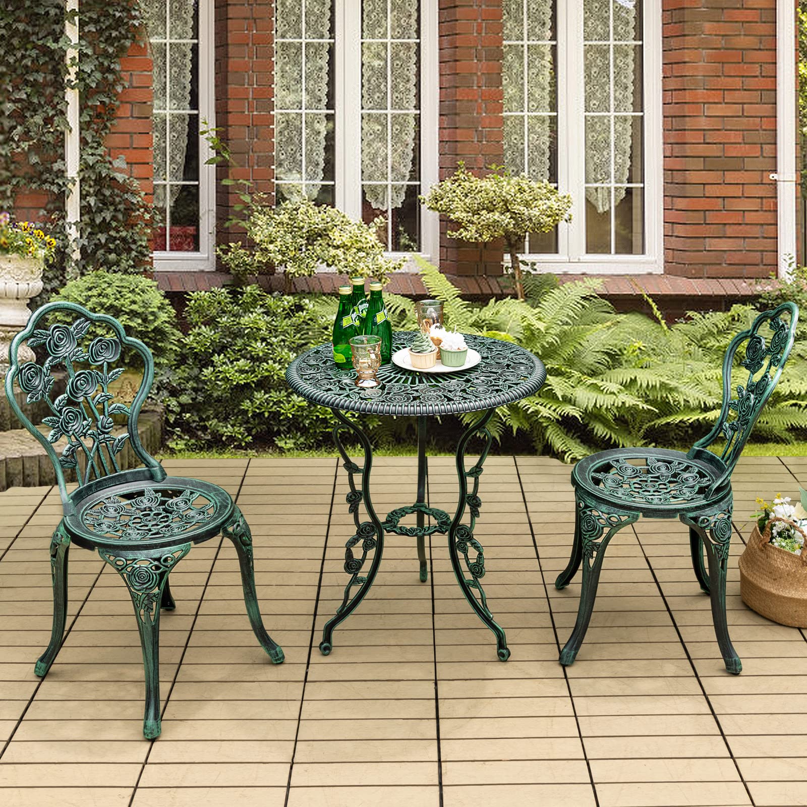 Giantex 3-Piece Patio Furniture Set, Retro Style Aluminum Outdoor Bistro Set with 1 Table & 2 Chairs, Umbrella Hole, Perfect for Garden, Terrace, Balcony or Backyard (Bronze Green) - Ideal for Outdoor Dining, Relaxing & Entertaining Guests