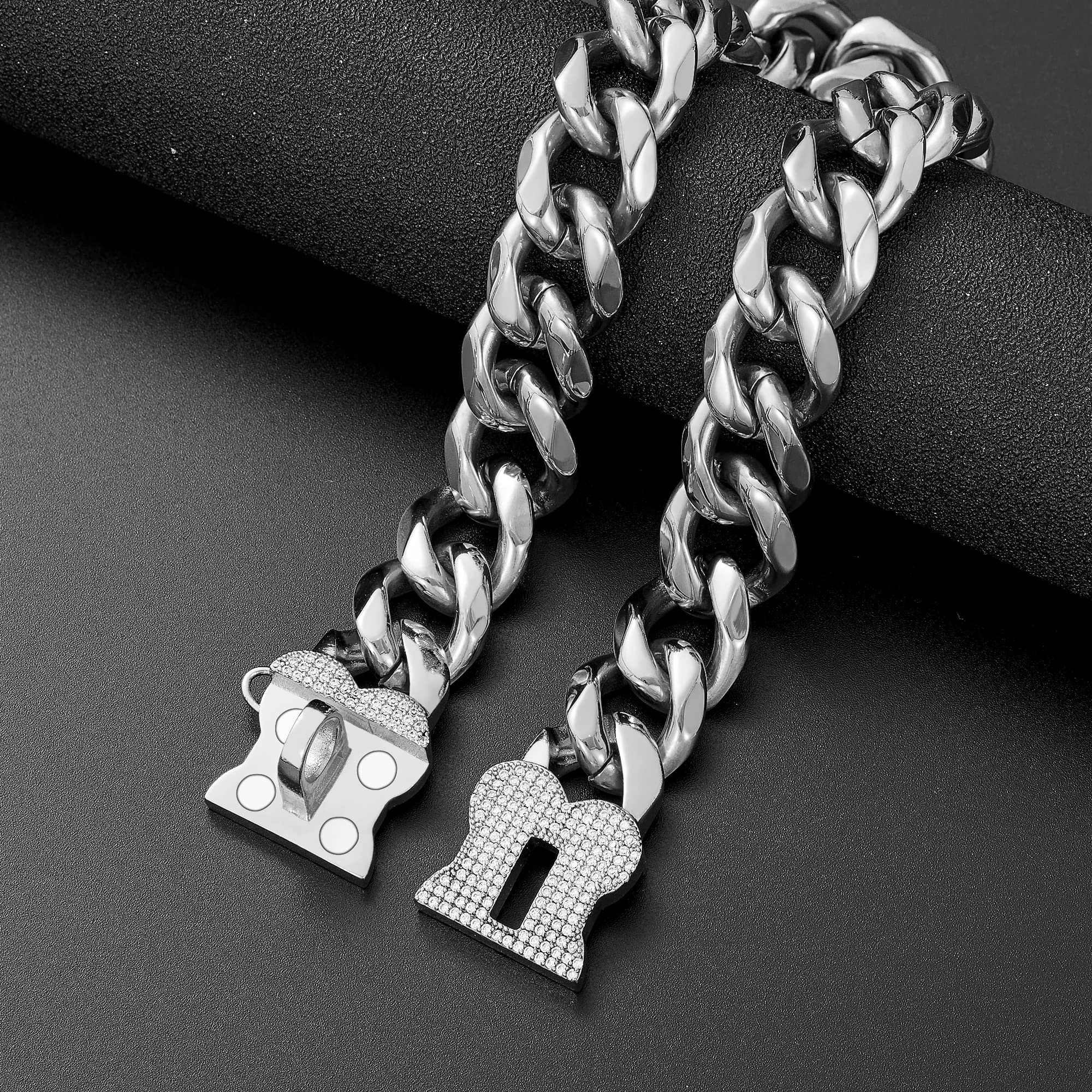 Silver Cuban Link Dog Collar for Medium & Large Breeds - Heavy Duty Chain Collar for Bulldogs, Pitbulls & Outdoor Walking - Perfect for Training, Daily Walks & Pet Fashion Accessories