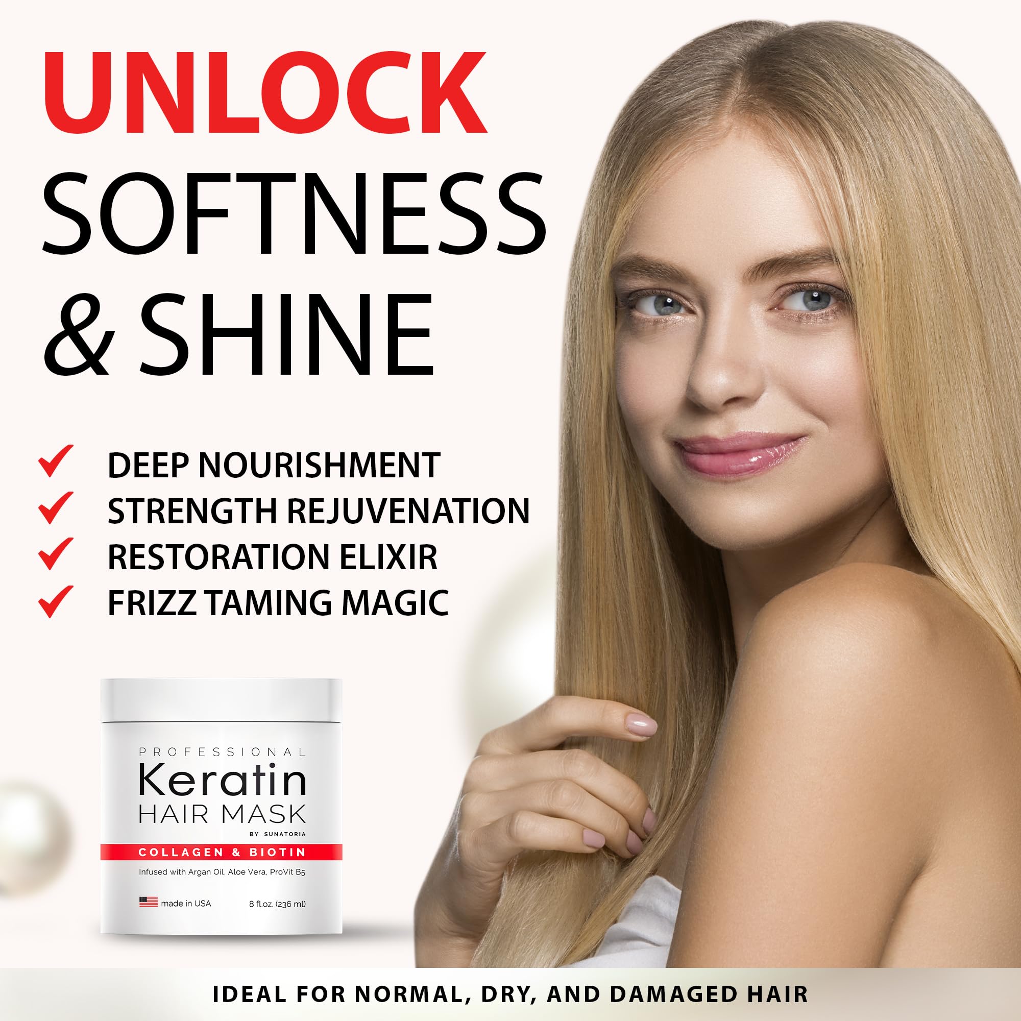 Professional Keratin Hair Mask for Damaged Hair - USA Made Deep Conditioning Treatment with Biotin, Collagen & Coconut Oil - Hair Repair Mask with Pro-Vitamin B5 & Protein Complex - Perfect for Salon-Quality Results at Home