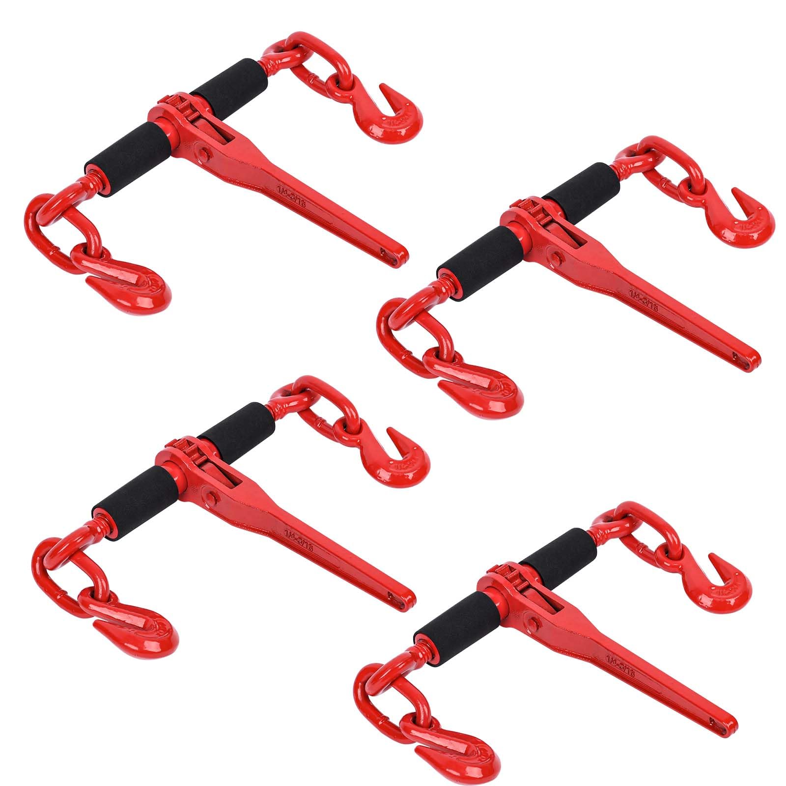 Heavy Duty G80 Chain Binder 1/4'' - 5/16'' with G80 Grab Hooks - 4 Pack Red Grade 80 Ratchet Load Binder 2,200 lbs WLL - for Hauling, Towing, Tie Down, Industrial & Agricultural Use - Perfect for Securing Cargo on Trailers, Trucks, and Heavy Equipment