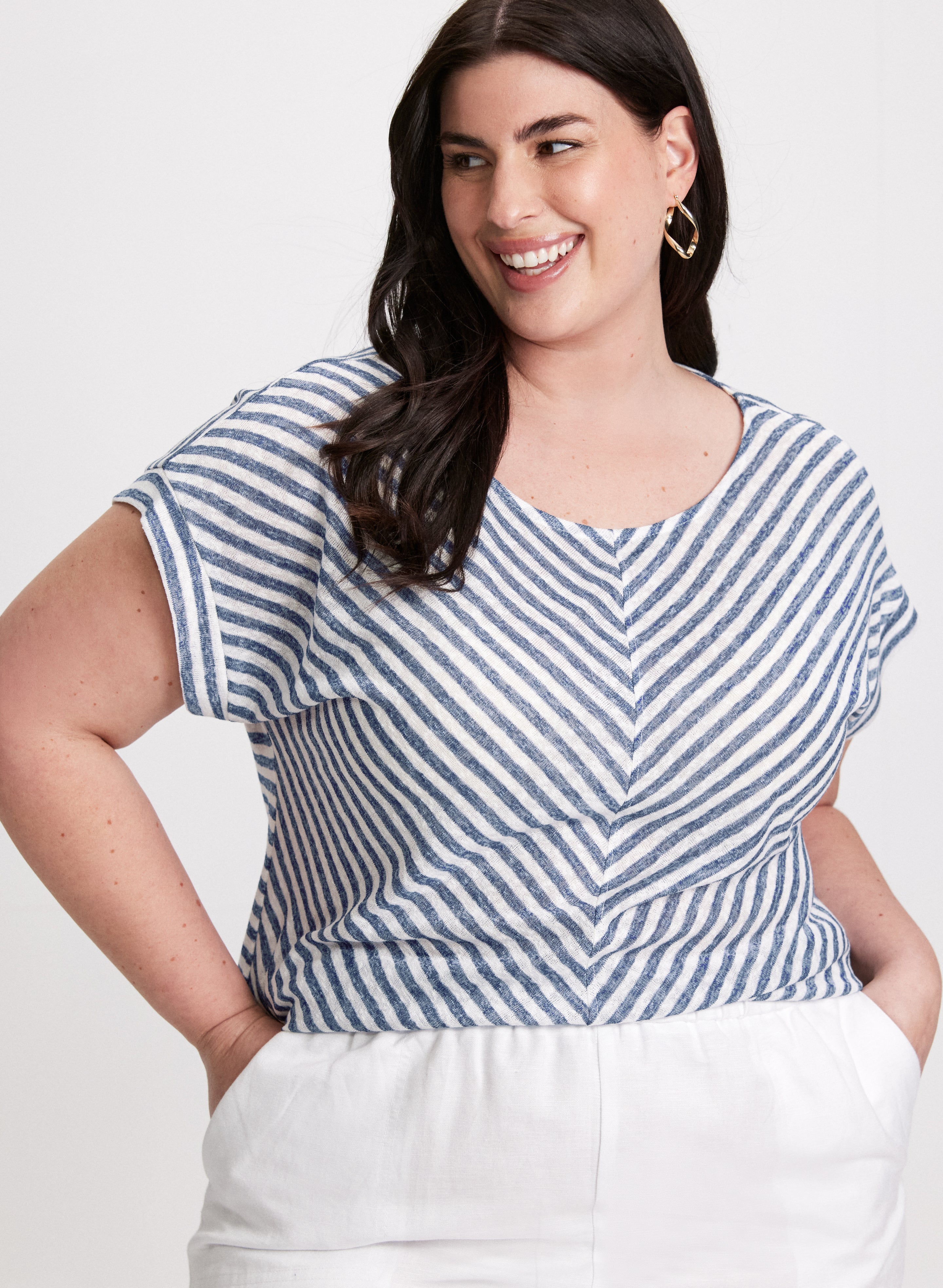 Diagonal Stripe Cap Sleeve Top for Women - Fashion Summer T-Shirt - Casual & Comfortable Daily Wear - Perfect for Beach, Shopping and Outdoor Activities