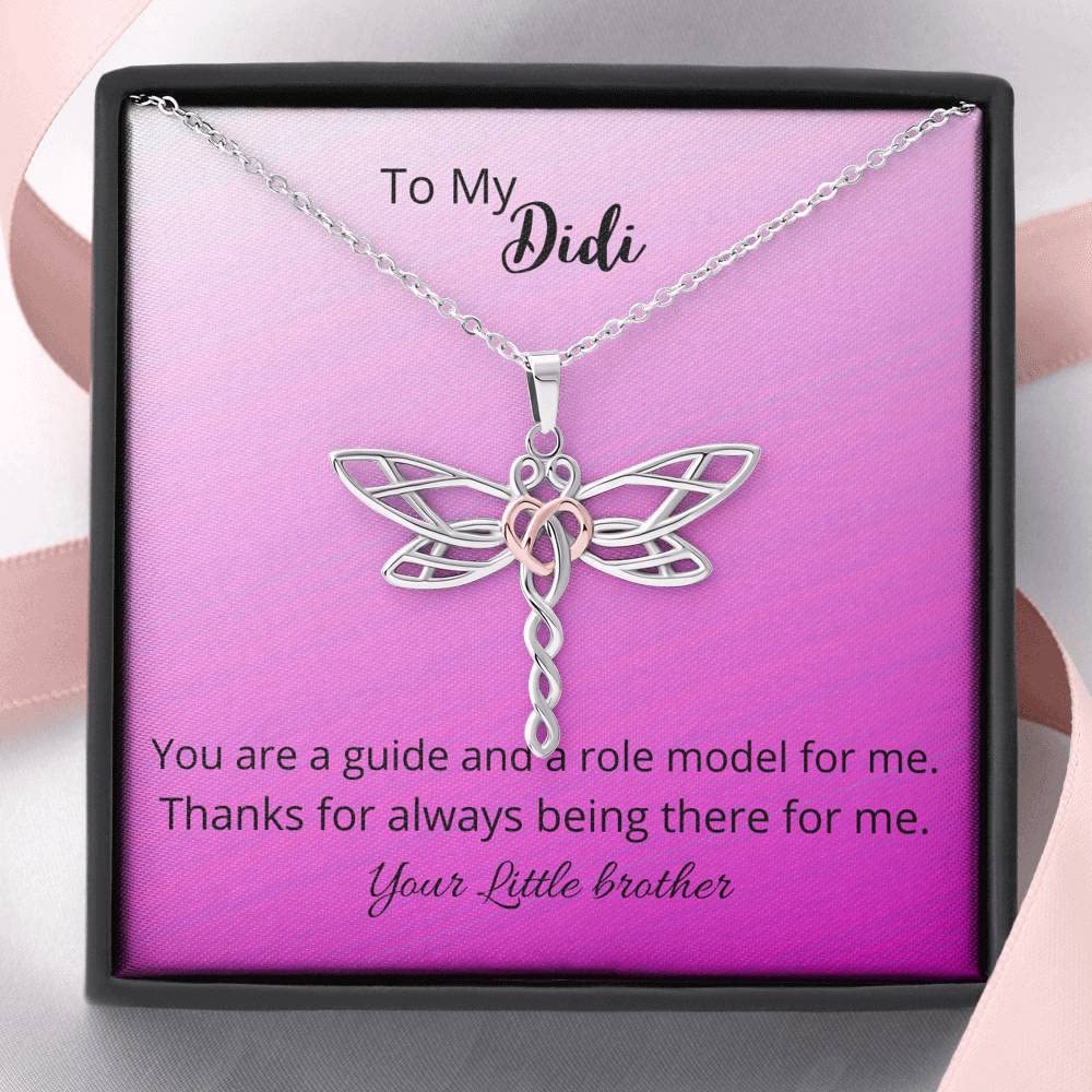 Custom Dragonfly Necklace with Heart Diamond Charm - Personalized Rakhi Gift for Sister (Didi) - Love Knot Pendant with Message Card & Gift Box - Perfect for Anniversary, Birthday & Special Occasions