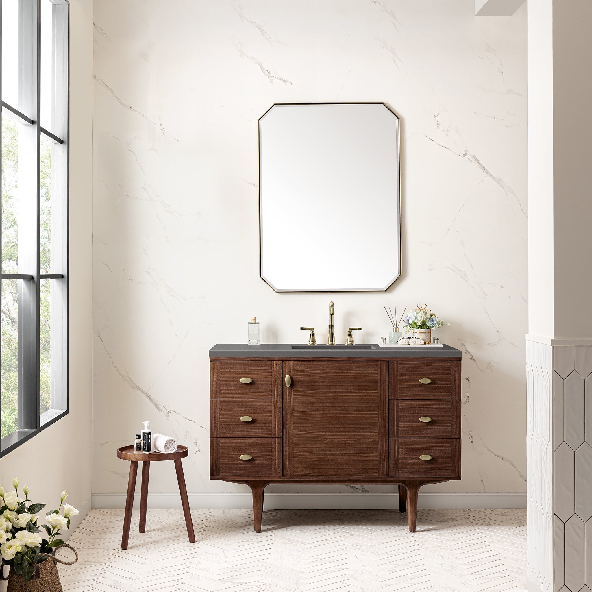 Amberly 48 Inch Single Bathroom Vanity - Mid Century Modern Walnut Wood with 3CM Gray Expo Top for Small Bathroom Remodel & Apartment Upgrade