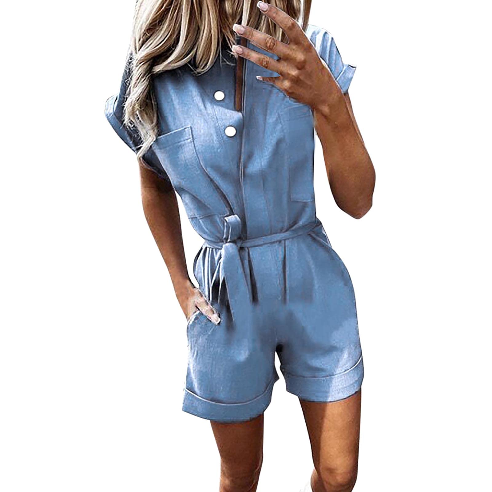 ESULOMP Women's Denim Short Sleeve Jumpsuit - Summer Stand Collar Button Pocket Romper with Lace-Up Detail | Casual Outfit for Beach, Streetwear & Summer Vacations