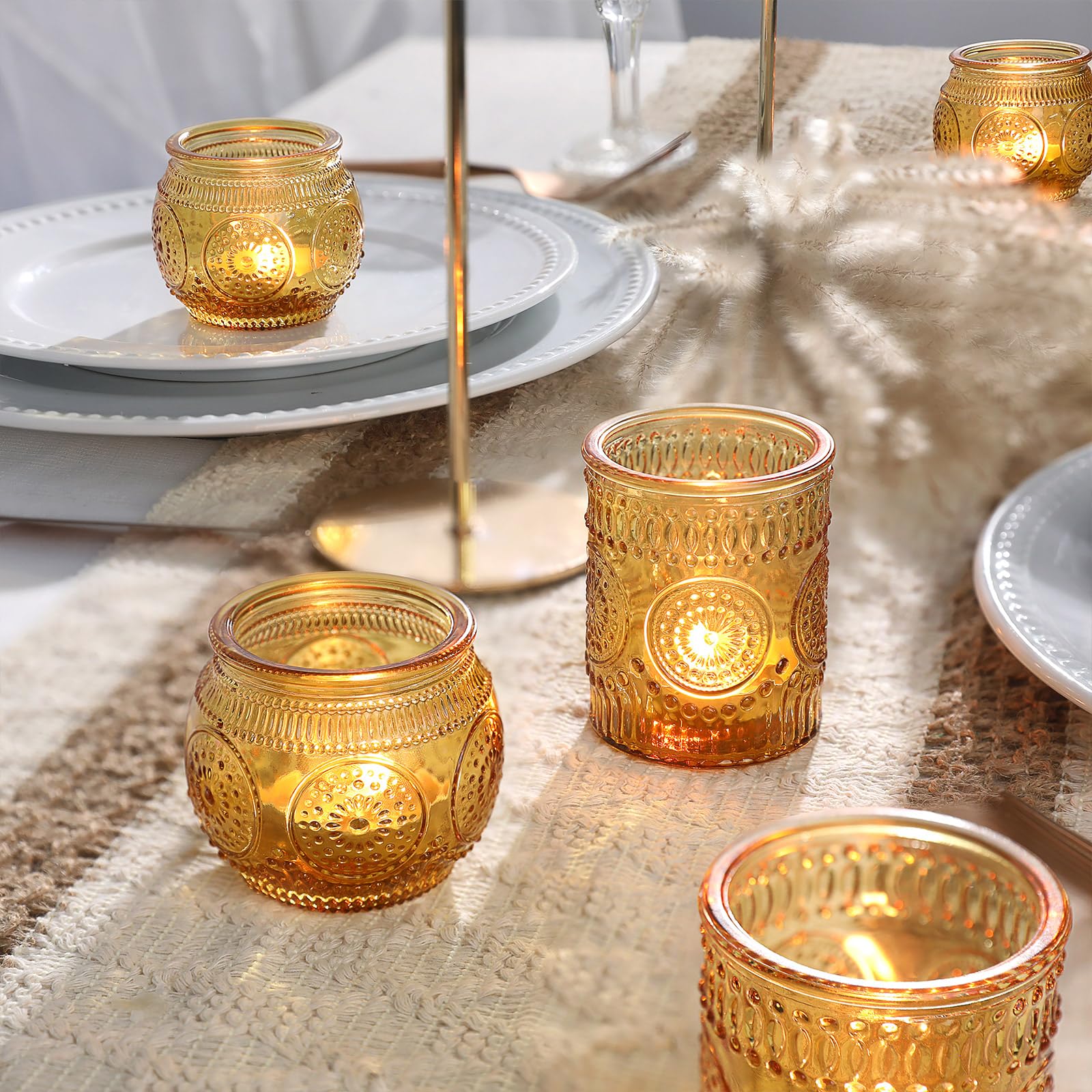 36 Pcs Amber Glass Candle Holders Bulk - Assorted Tea Light & Votive Holders for Fall, Thanksgiving, Christmas Decor | Party Table Centerpieces, Wedding, Home Decorations