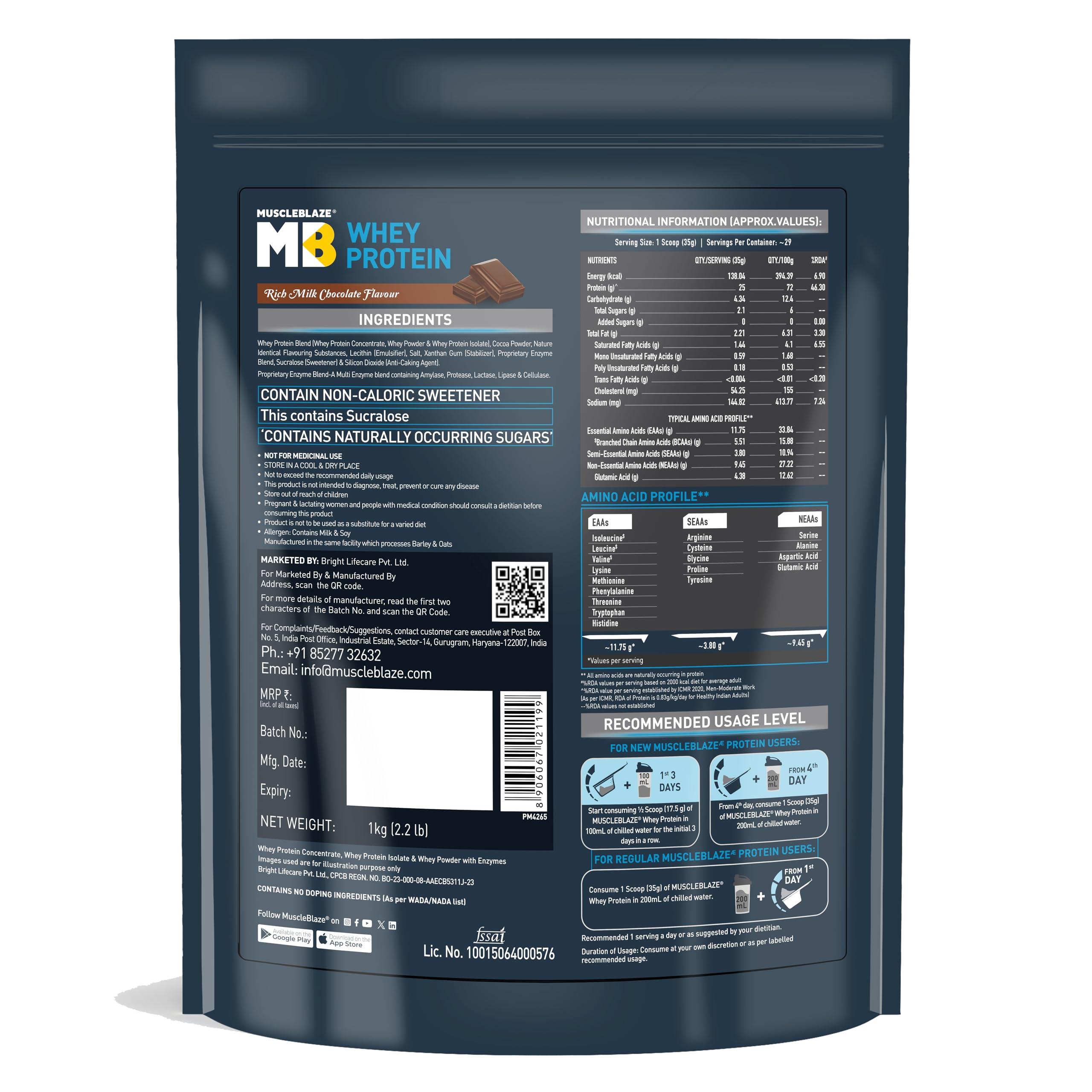 MuscleBlaze 100% Whey Protein Powder - Ultra Premium Blend with Whey Protein Concentrate & Isolate, 25g Protein per Scoop, Rich Milk Chocolate Flavor (1kg / 2.2lb) - Perfect for Post-Workout Recovery, Muscle Building & Weight Management