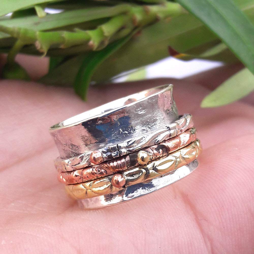 Stylish 925 Sterling Silver Spinner Ring for Women - Anxiety Relief & Meditation Jewelry, Brass & Copper Spinner Band Ring - Perfect for Stress Relief, Focus & Everyday Wear