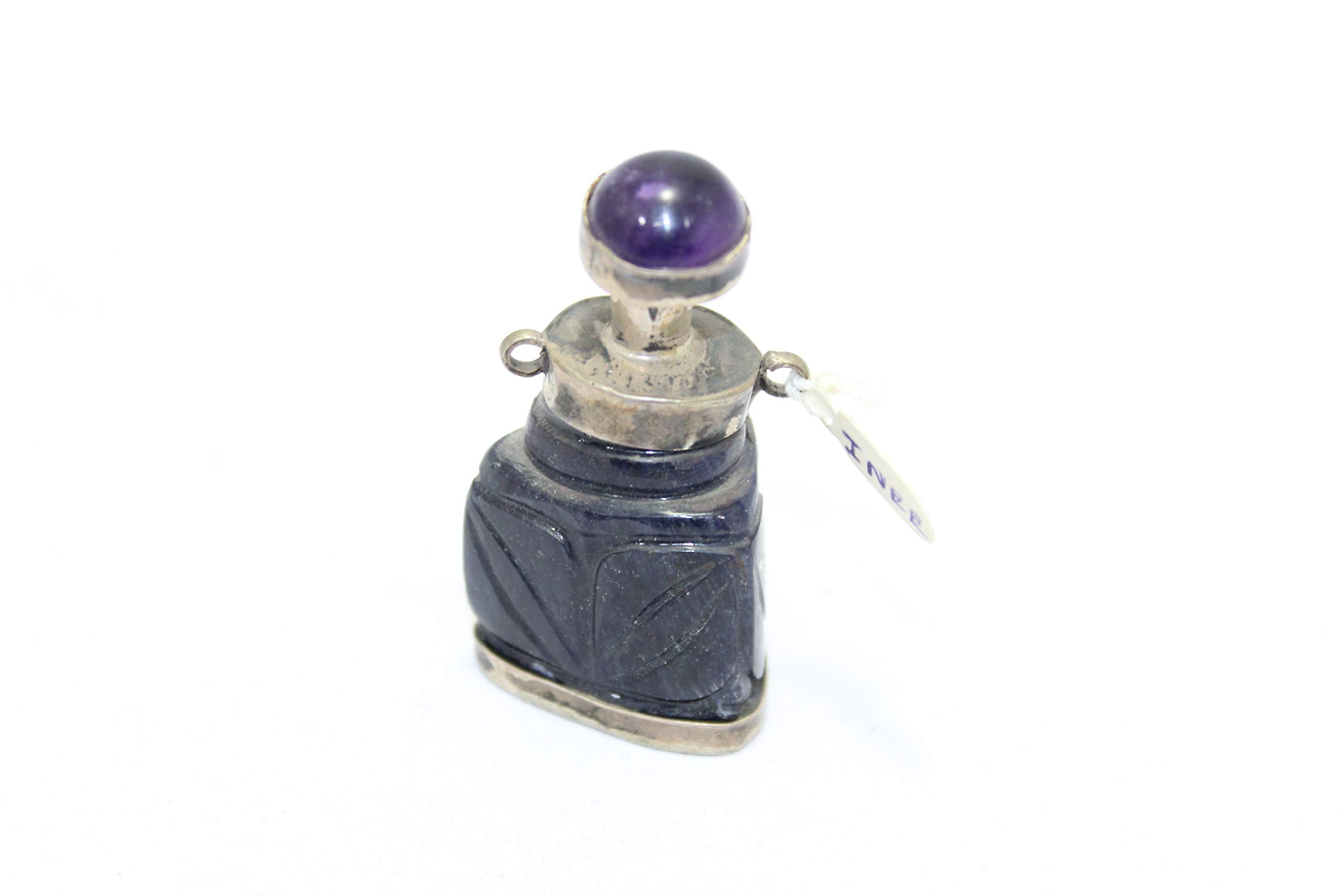 PH Artistic Antique Perfume Bottle - Genuine Lapis Lazuli with Sterling Silver & Amethyst Stone Cap - Vintage Home Decor, Luxury Gift for Women, Perfect for Dresser Display & Collector's Item